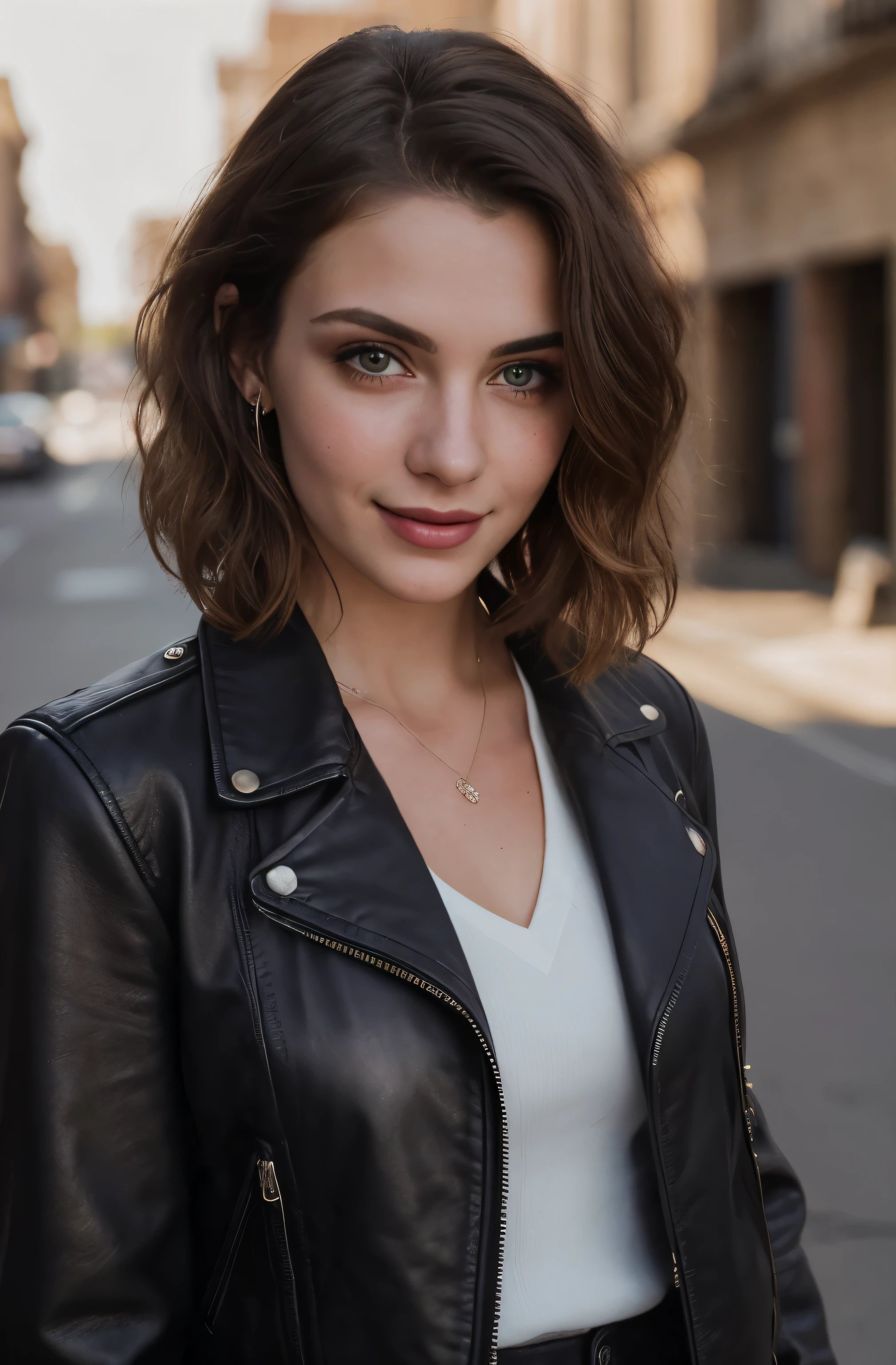 ((Стиль 90-х)), ultra detailed photo of a beautiful woman with short tousled hair, ultra detailed face, beautiful eyes without makeup, wear a leather jacket, cute sexy, I&#39;m standing on the street, she smiled weakly and bowed her head, let a strand of hair fall over one eye, Deep shadows, rim light, warm natural colors, Vibrant vintage colors 