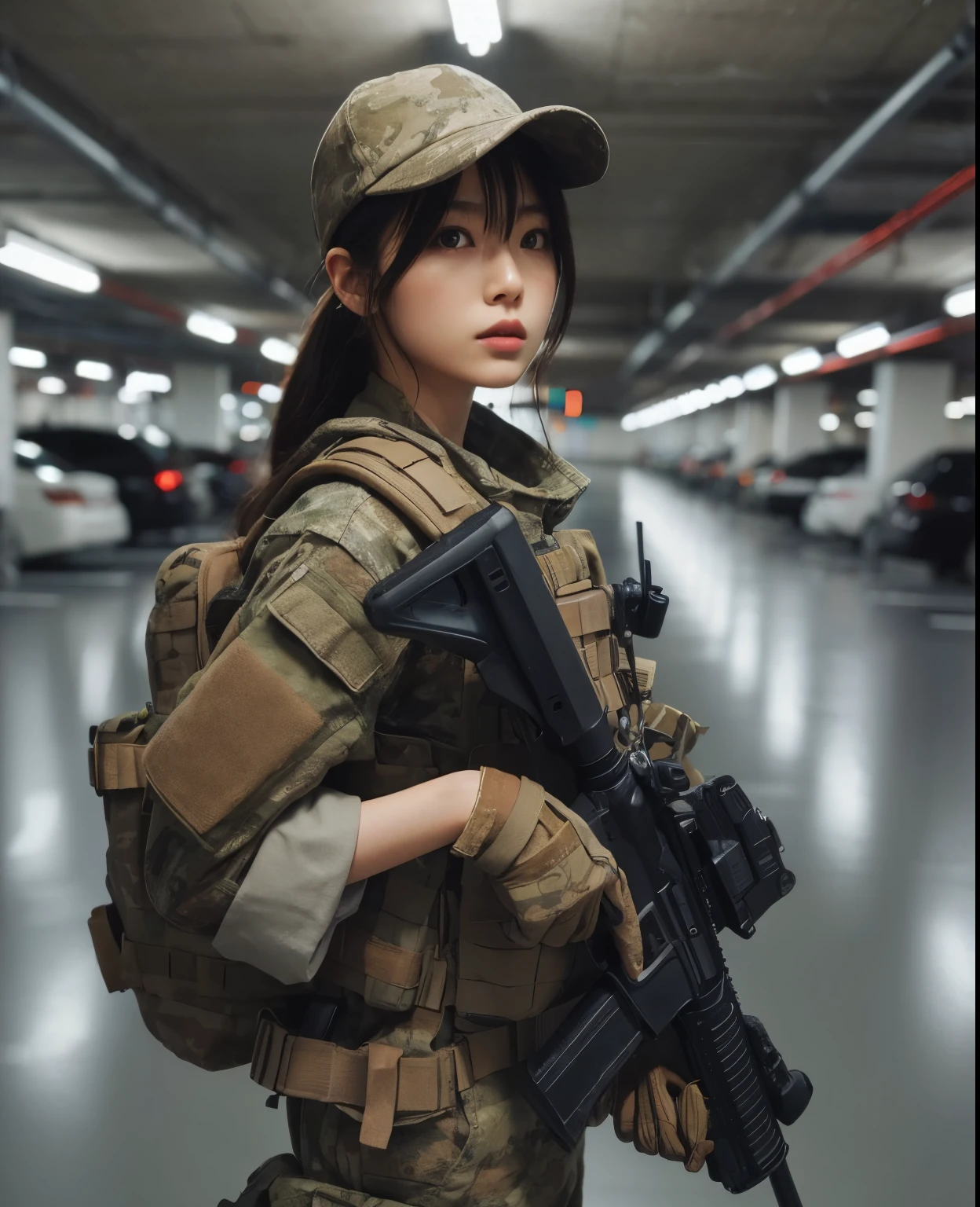 Photoreal、realistic skin texture、automatic rifle