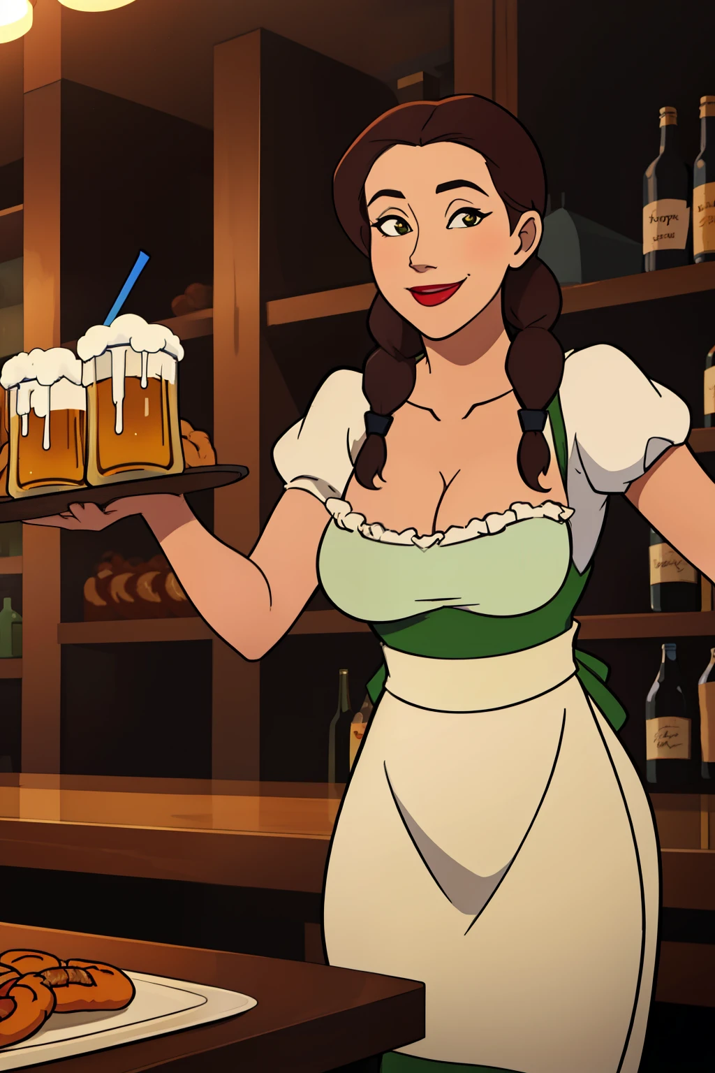 Juniper Lee, slutty outfit, skimpy, short skirt,, cleavage, , octoberfest, (octoberfest, traditional german clothes, octoberfest, dirindl), beer hall, restaurant, smile, upper body focus, massive  breasts, nipples, slutty, , sleeves, puffy shoulders,, beer steins,  hanging breasts, dark areola, erect nipples, sagging breasts, droopy tits, erect nipples, , cowboy shot, short skirt, ruffles, poofy, lace, long hair, body focus, exposed tits, 
