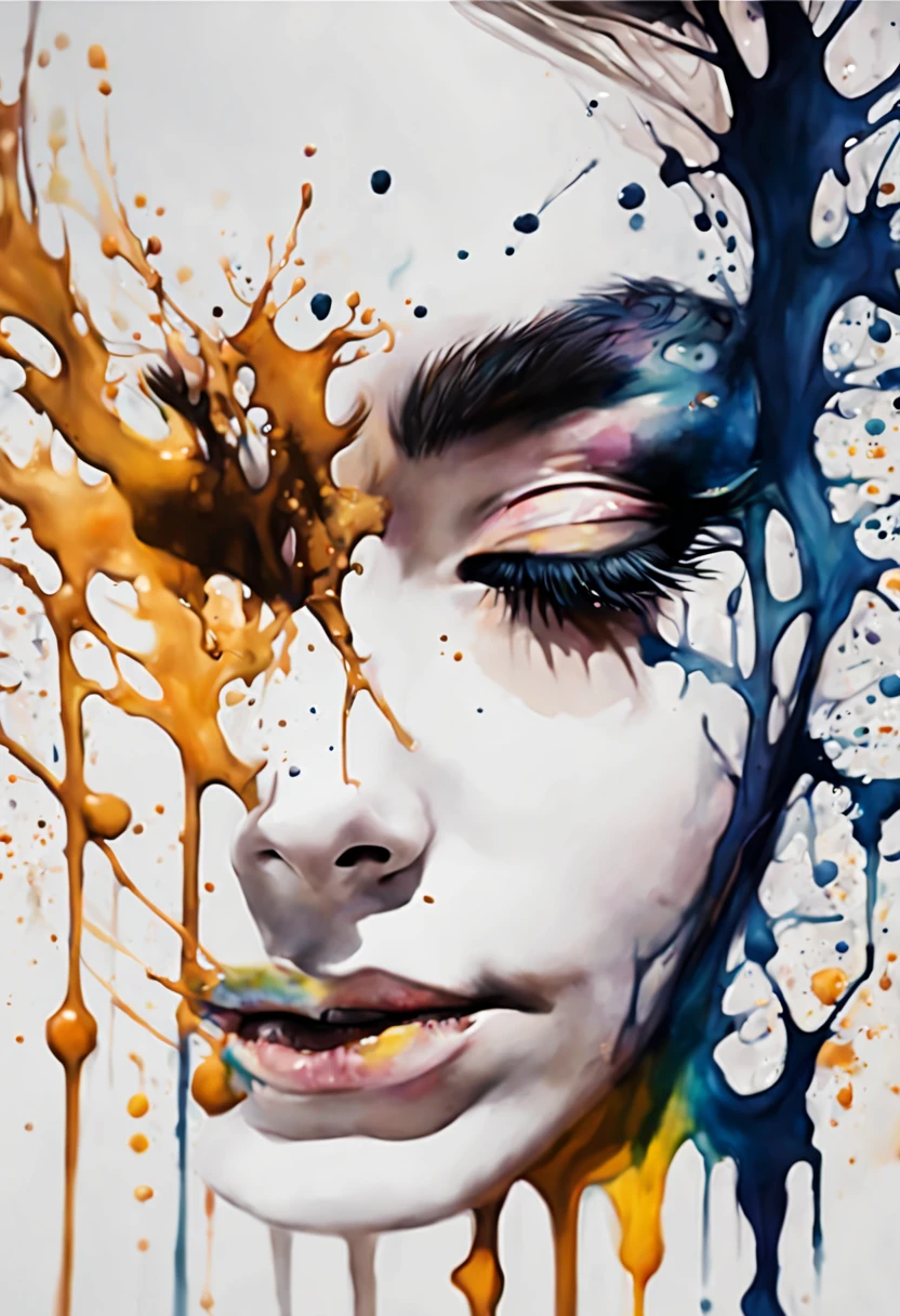 woman with a face covered in paint, jana brike art, dripping skin, dramatic artwork, stefan koidl, wadim kashin. ultra realistic, brad kunkle detailed, stefan koidl inspired, gabriele dell'otto, eric lacombe, covered in oil painting, lita cabellut, highly conceptual figurative art