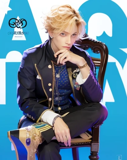 Sitting on a chair,handsome androgynous prince, boy,dark blue shirt with golden patterns,black suit,black pant,dark blue shoes,hand on chin,blonde,blue eyes,cyan pupils,star shaped pupils