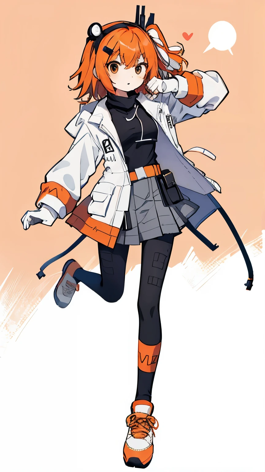 adachi rei,hairclip,hair ribbon,radio antenna,white jacket,open jacket,black shirt,turtleneck,long sleeves,white gloves,grey skirt,black leggings,utility belt,full body