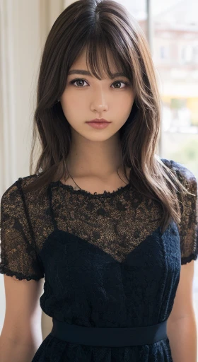(happy expression:1.26)、Raw photo、(((Ultimate Beauty Full Body Shooting)))、((glowing skin))、1 girl、17-year-old beautiful girl in Prague、bright look、((brown hair))、lace dress、leaning forward、big breasts thin waist、thin thighs、rich bust、Close one eye to the viewer、short sleeve、((Big eyes that shine like jewels))、Glossy and glossy skin、(medium hair:1.2)、no makeup、beautiful bangs、hair between eyes、((masterpiece、最high quality、super detailed、film light、intricate details、High resolution、very detailed))、detailed background、8KUHD、Digital single-lens reflex camera、soft light、high quality、film grain、Fujifilm XT3 、shallow depth of field、natural soft light、Kamimei、