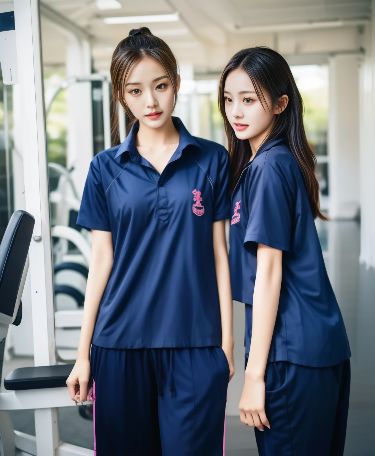 2 girls in fitness center, Navy blue short-sleeved shirt,Navy Long Trackpant,Sweatpants, Sweatpantsขายาว,25 year old girl, lesbian, sexy, exercise clothes, wet body