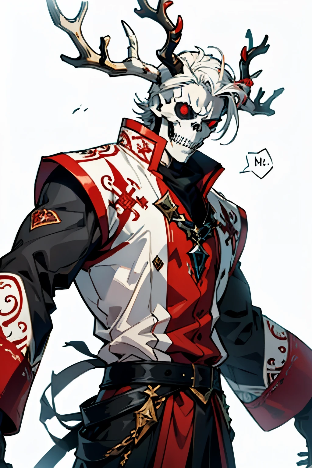 ((illustration)), (best quality)), ((masterpiece)), (detailed), ((white background)), RedGarb, solo, 1boy, male focus, long sleeves, skull, ((white hair)), shad0wmancer, ink, (swirling black ink), (antlers), red eyes, sharp teeth, kurofuku,