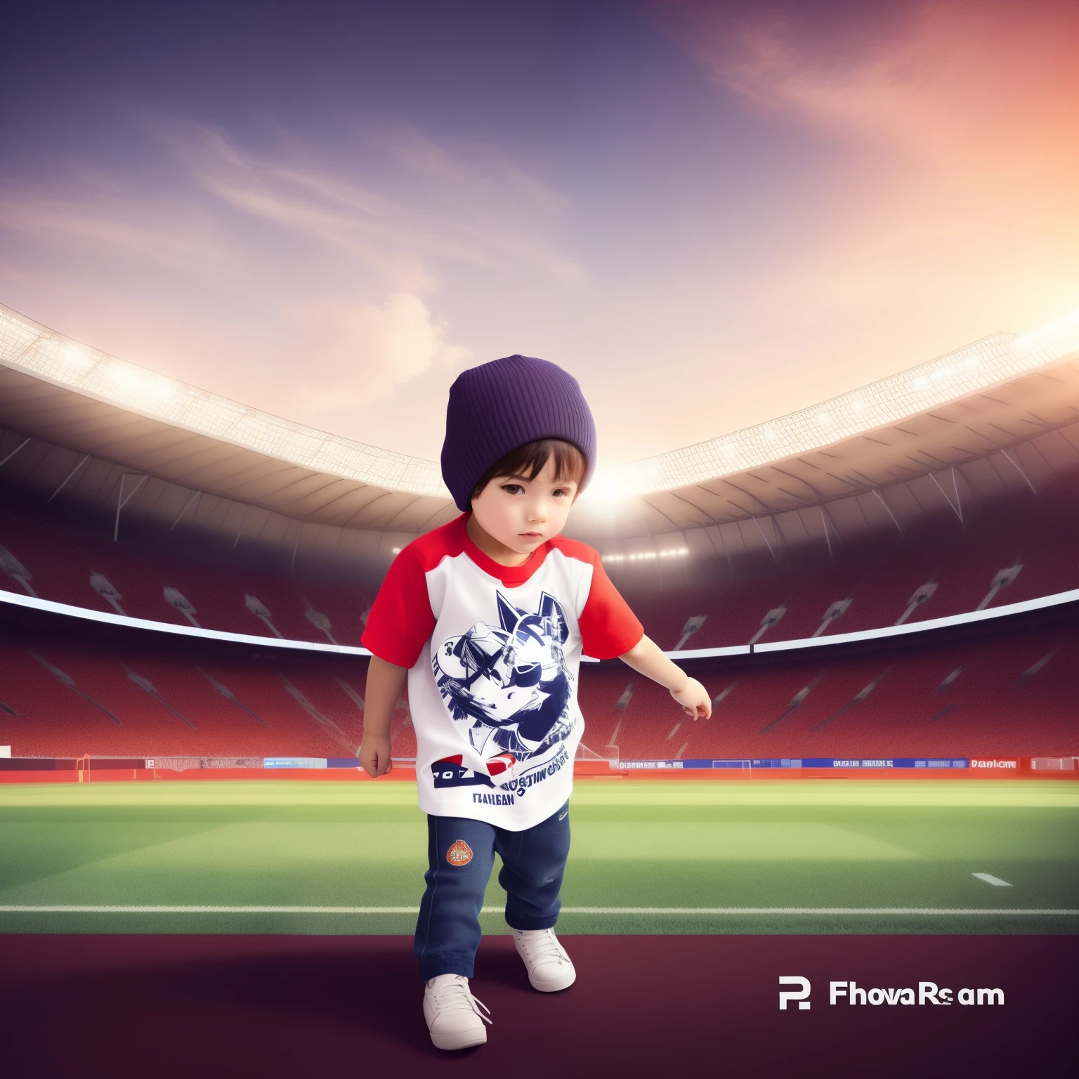 Photography of a 2 year old Indonesian child wearing a white Indonesian football jersey with the number 8, model rambut Buzz Cut with Shaved Design. football stadium field background. pose of kicking the ball towards the goal. realistic, ultra HD 4k.