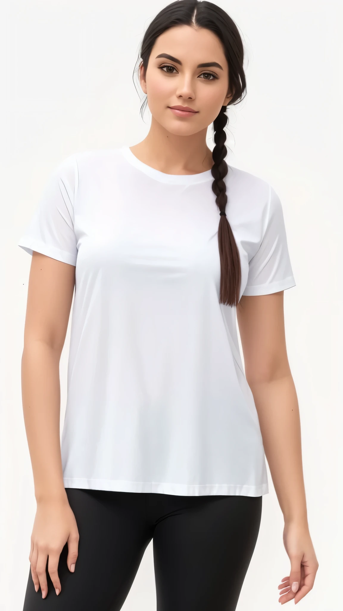 a woman in a camisa branca and black leggings posing for a picture, plain camiseta branca, camiseta branca, camiseta branca, T-shirt branca, vestido com uma camiseta branca, vestindo uma camiseta, camisa branca, dressed in a camiseta branca, wearing a camisa branca, wearing camisa branca, fine camisa branca, roupas brancas, Topo branco