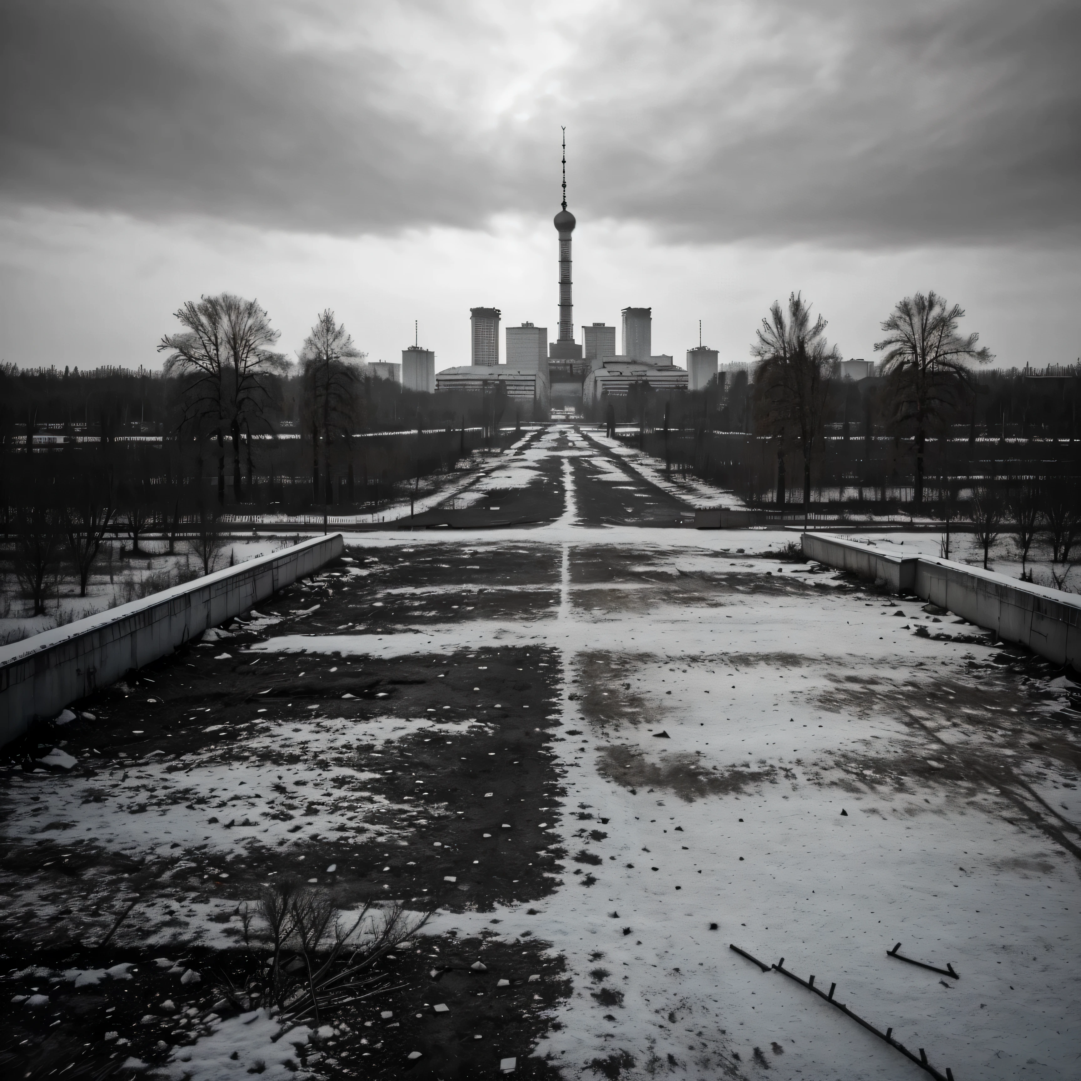 Tchernobyl, Pripyat, La qualité de la photo, Réaliste, très détaillé, 8K, très détaillé, bâtiments très hauts en ruines, brutalisme, inscription en russe, winter Paysage of leafless trees, noir et blanc , atmosphère dystopique, Paysage.