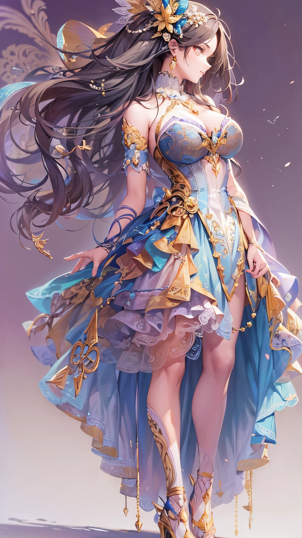((highest quality)),(ultra high resolution),(Super detailed),(detailed description),((best CG)),(best work of art),super precision art,great drawing art,(Art with precise details:1.5), (1 woman:1.5),colorful corset dress:1.6,beautiful and well-shaped face:1.5,detailed jewelry:1.4,thin waist:1.3,Beautiful leg lines:1.4,high heels:1.4, A jewel that emits light:1.6,