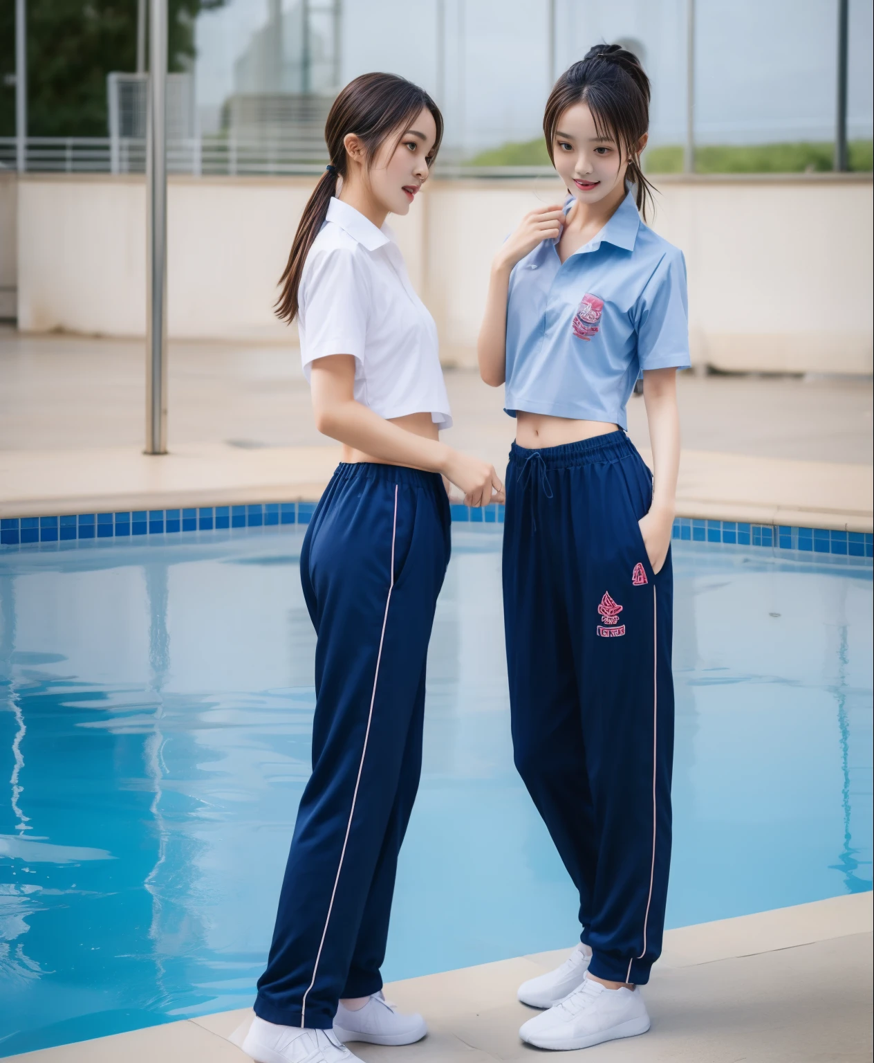 2 girls in the swimming pool, Navy blue short-sleeved shirt,Navy Long Trackpant,Sweatpants, Sweatpantsขายาว,25 year old girl, lesbian, sexy, exercise clothes, wet body