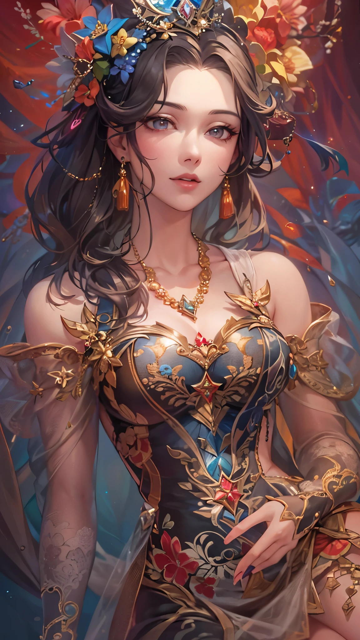 ((highest quality)),(ultra high resolution),(Super detailed),(detailed description),((best CG)),(best work of art),super precision art,great drawing art,(Art with precise details:1.5), (1 woman:1.5),colorful corset dress:1.6,beautiful and well-shaped face:1.5,detailed jewelry:1.4,thin waist:1.3,Beautiful leg lines:1.4,high heels:1.4, A jewel that emits light:1.6,