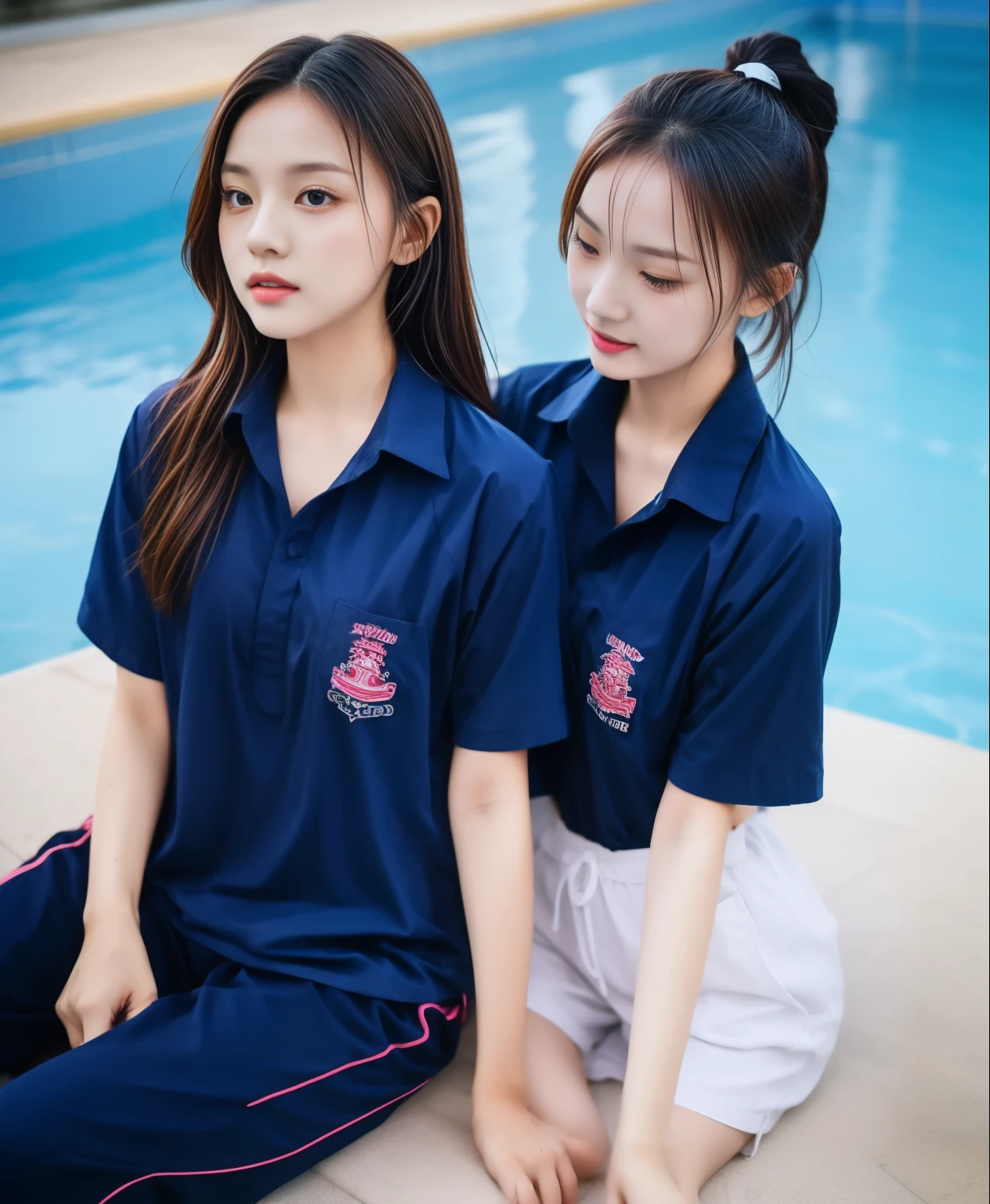 2 girls in the swimming pool, Navy blue short-sleeved shirt,Navy Long Trackpant,Sweatpants, Sweatpantsขายาว,25 year old girl, lesbian, sexy, exercise clothes, wet body