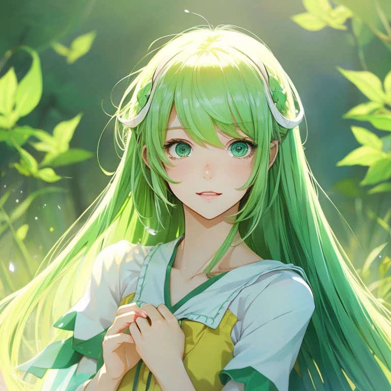 anime illustration、masterpiece、、cute、green hair、light blue eyes、yellow green,yellow、Gentle atmosphere、Warm atmosphere、justice