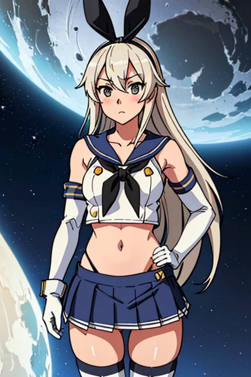 hyper detailed, perfect anatomy, extremely detailed and delicate, 1 girl, Shimakaze (KanColle), white sailor uniform, bear shoulders, white elbow gloves, striped thighhighs, sailor collar, navel out, highleg panties, black panties, blue skirt, microskirt, pleated skirt, night sky, stars, milkyway, hugging a black cat,