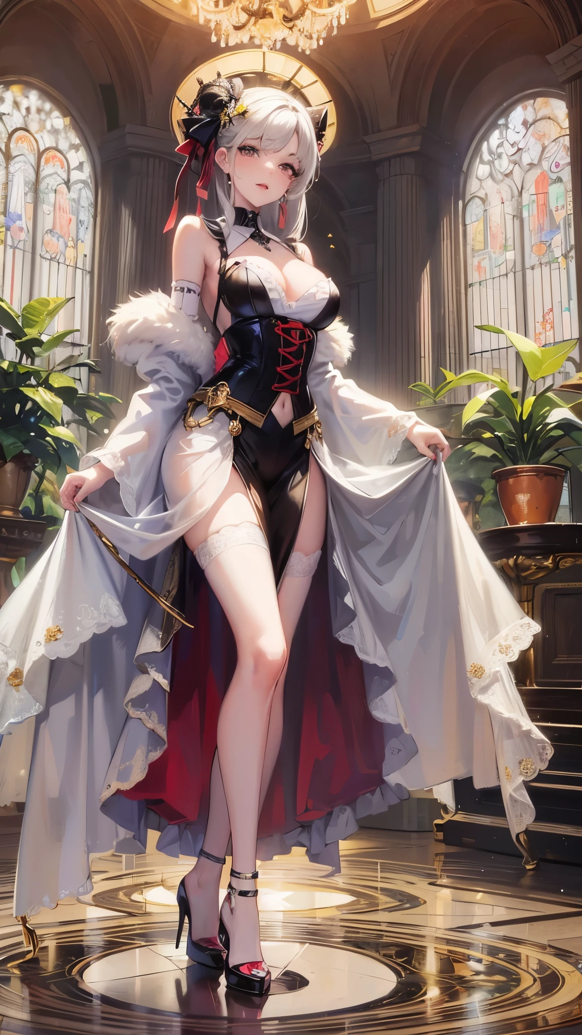 ((highest quality)),(ultra high resolution),(Super detailed),(detailed description),((best CG)),(best work of art),super precision art,great drawing art,(Art with precise details:1.5), (1 woman:1.5),colorful corset dress:1.6,beautiful and well-shaped face:1.5,detailed jewelry:1.4,thin waist:1.3,Beautiful leg lines:1.4,high heels:1.4,