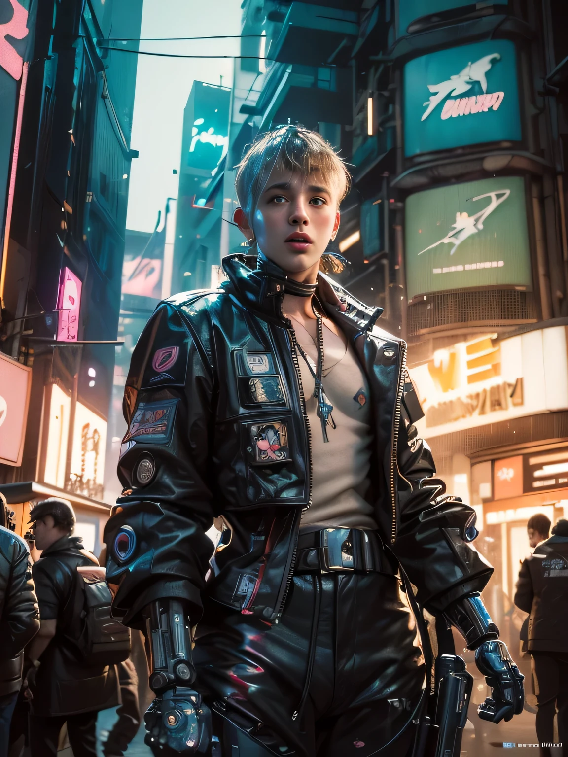 ((Masterpiece stunning Anime illustration)), ((cute cybernetic Cyberpunk man standing together)), (2 guys), ((highly detailed face)), ((mechanical limb, mechanical vertebrae)), ((mechanical cervical attaching to neck)), (wires and cables attaching to neck:1.2), ((mass of wires and cables on head)), ((wearing colorful Harajuku tech jacket with logo)), (dynamic pose), ((cowboy shot)), (masterpiece), (((best quality))), ((ultra-detailed)), (highly detailed illustration), cinematic lighting, science fiction, extremely detailed,colorful,highest detail, (((cyberpunk city background, (Blade Runner), Harajuku district))), NSFW