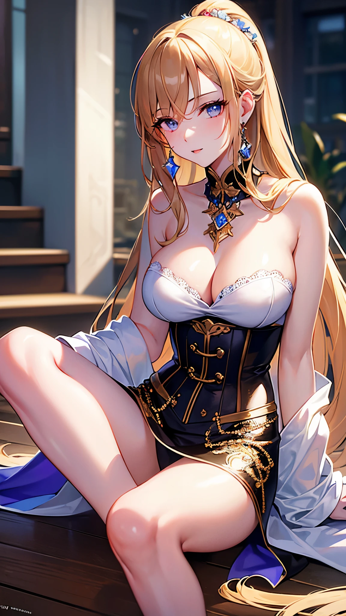 ((highest quality)),(ultra high resolution),(Super detailed),(detailed description),((best CG)),(best work of art),super precision art,great drawing art,(Art with precise details:1.5), (1 woman:1.5),colorful corset dress:1.6,beautiful and well-shaped face:1.5,detailed jewelry:1.4,thin waist:1.3,Beautiful leg lines:1.4,high heels:1.4,