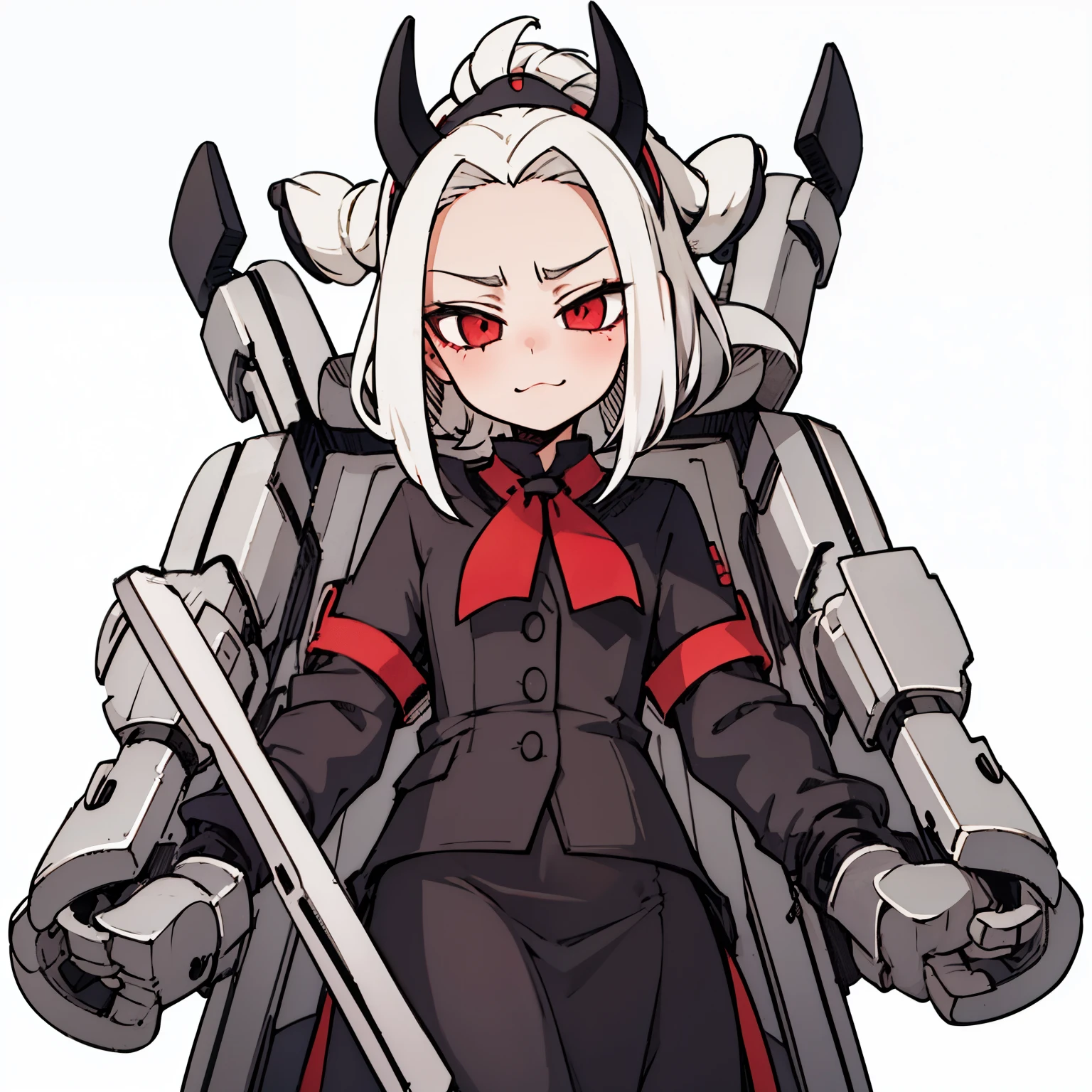 ((a cute ,front,whole body)),maid outfit,white hair,Show forehead,black devil horns,White background,childhood,grace,Chu Chu pitiful