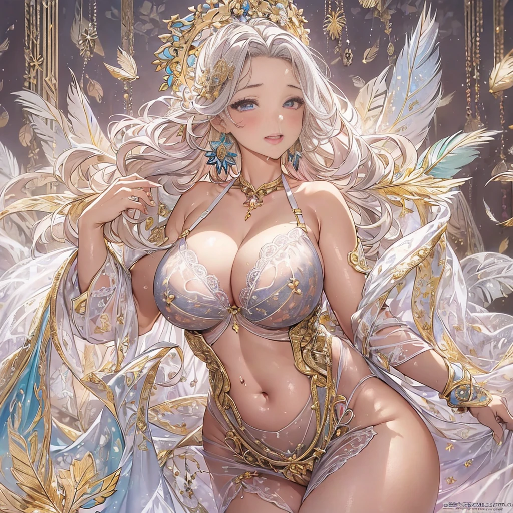 mature woman、sensual curves、huge breasts、thighs、bubble、お尻のmasterpiece, 最high quality, Super detailed, full body shot, mature woman, beautiful mature woman, nightgown and underwear, enchanting smile, thick lips, Chubby lips, blush, looking at the viewer, provocative expression, beautiful髪型, cleavage, Plump、curvy hips、attractive face、sexy lingerie 、an inviting gaze、Expression of emotions、Lewd underwear、(((erotic see-through lingerie set)))、Standing position、gorgeous accessories 、big breastsの女性, bare shoulders, golden hair, colored feather, metal ornaments, colored flowers, particle, light, (masterpiece, 最high quality, 最high quality, official art, beautiful and aesthetic:1.2), (1 girl:1.3), very detailed,(fractal art:1.1),(colorful:1.1)<(flowers:1.3),most detailed,(zentangle:1.2), (dynamic pose), (abstract background:1.3), (shiny skin), (lots of colors :1.4), ,(earrings:1.4), (feather:1.4),masterpiece, 最high quality, Super detailed, 30~40 years, full body shot, beautiful 、various hairstyles,gold headband,plump breasts,beautiful butt,greek clothing,Tulle covers the breasts,perfectly proportioned, detailed clothing details,marble,god statue,cinematic lighting, film grain, Fuji color, 8K, masterpiece, Super detailed, high detail, high quality, High resolution, 、(((erotic see-through lingerie set)))、gorgeous accessories、raise your butt, from below, (((NSFW:1.2)))、exposed chest、Openwork decoration,(((see through dress)))、(((anatomically correct body))) , 最high quality, Super detailed, (((Lewd underwear)))、raise your butt, from below, (NSFW: 1.4)、exposed chest、(((Healing face)))、Openwork decoration,(((R-18)))、Hakari、Whirlpool、thighs, big breasts, Are standing, cowboy shot, blush, 1 girl, (masterpiece:1.3), (High resolution), (8K), (very detailed), perfect face, Nice eyes and face, (((最high quality))), (Super detailed), detailed face and eyes, (alone), High resolution、beautiful目,(((sexy pose)))、(((big breasts)))、((beautiful eyes))、luxury、(((超High resolution)))、(((detailed description)))、(((chubby body shape)))、(((Body parts that match the anatomy)))、beautiful長いまつ毛、Balanced body shape、2Book Arm、2 legs、Legs and arms of just the right size、Fishnet tights、glamorous、Clear white and black eyes