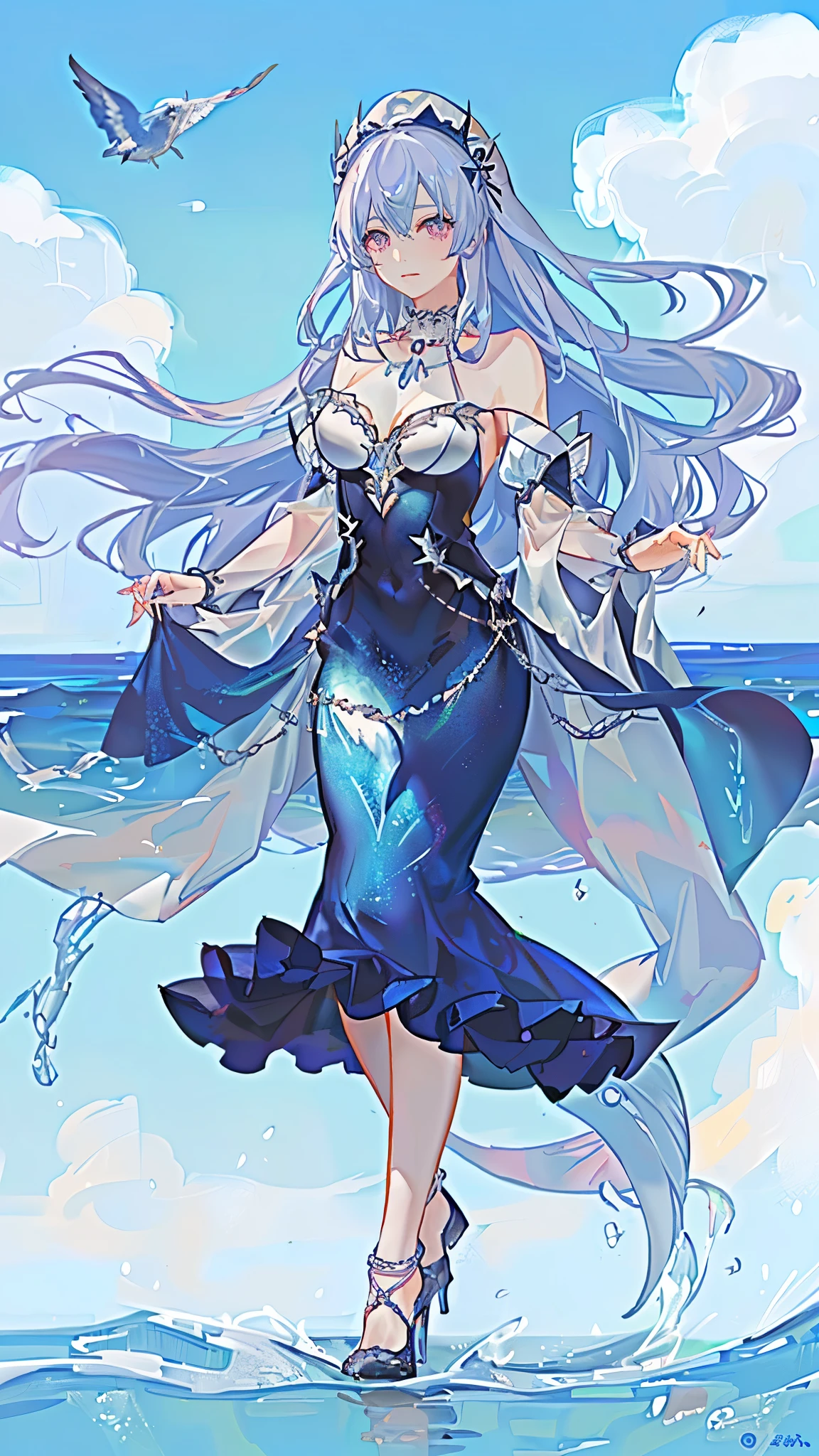 海long blue hair,close up,dream world,Mermaid girl, 海long blue hair,Nice pink eyes,underwater,tear nevus,Mermaid ears,(pearl head chain,necklace),necklace,Long off-the-shoulder blue dress,humanoid, Poseidon temple background, her skin is white, fair complexion,pink eyes,long blue hair, High heel,black legs,tattoo