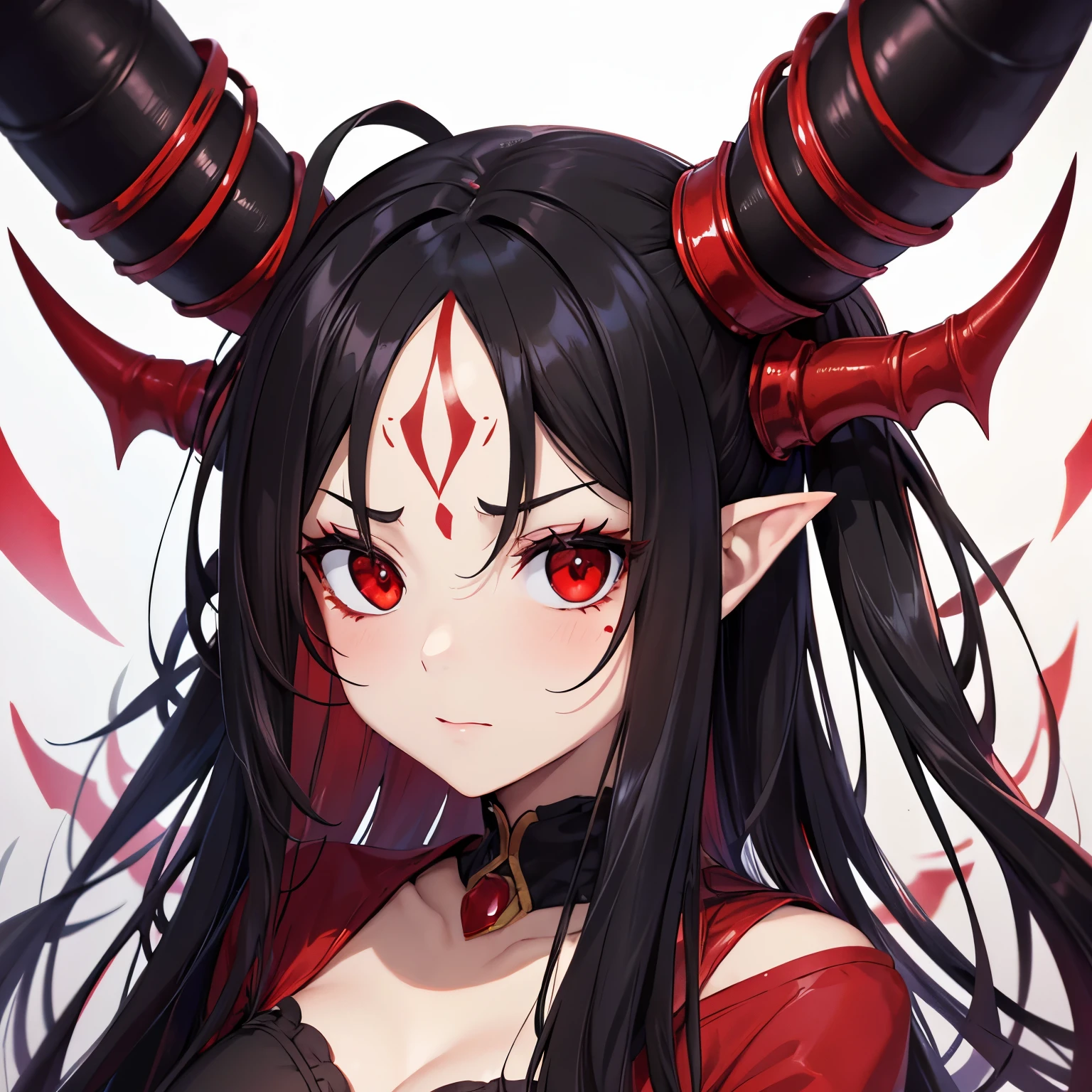 20 year old Girl. Demon. Elbow wings. Red horns. Pointed ears. Black hair. White skin. Light red eyes. Small . Naked