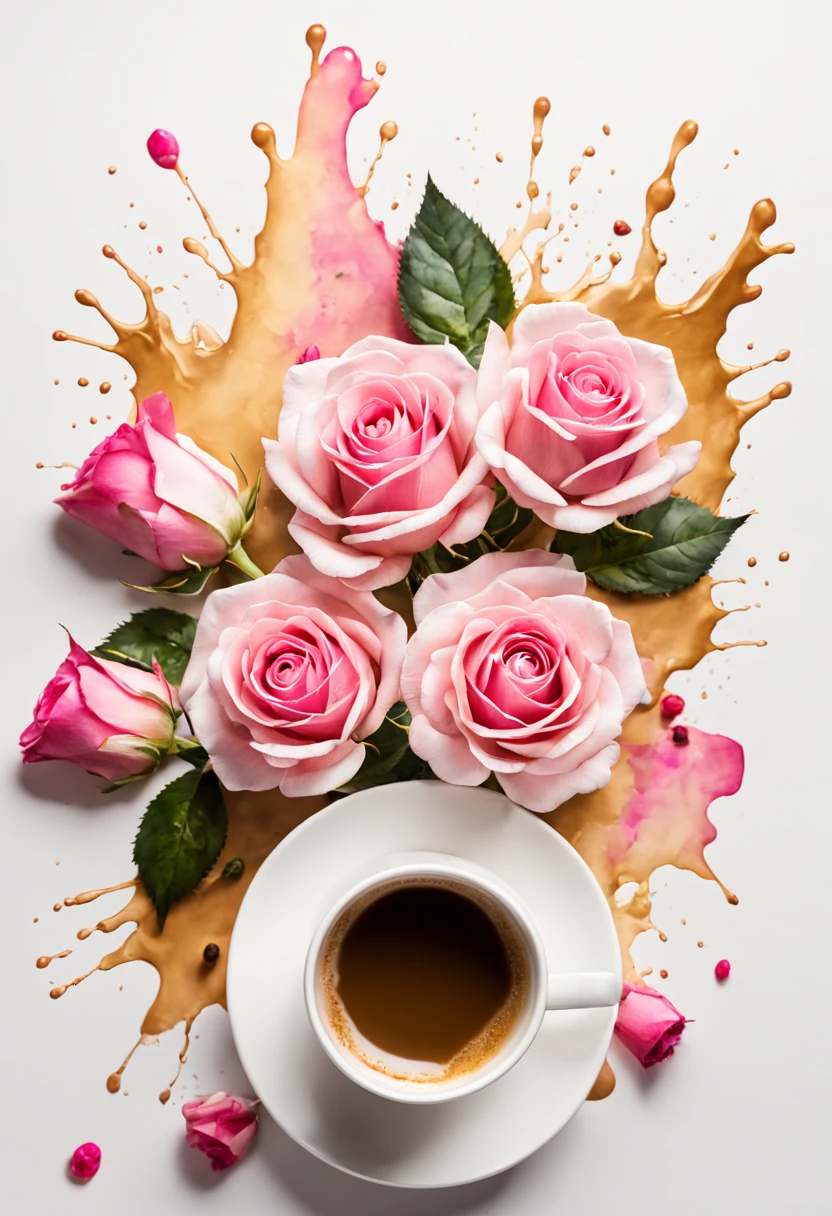 isolated on white background( Coffee slightly smoking in a white ceramic cup with a bouquet of bright pink roses lying flat from above watercolor flower painting)watercolor flower painting、watercolor painting、Splash technology recreates the mud atmosphere in wet environments、unique ingredients、Abstract representation、Contains surreal elements、light tone.Light and gold color scheme、High resolution details、Ink splash effect、pale color。