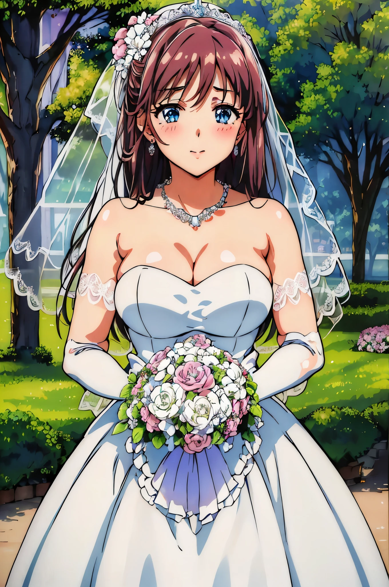masterpiece, best quality, high resolution, SV1,  elbow gloves,  White gloves, jewelry, outdoor, street, cowboy shooting, lean forward, Point to the viewer,high resolution,
Close-up of beautiful bride wearing beautiful wedding dress,Gurwitz,(bridal veil:1.5），（Transparent short veil：1.5），Blushing face，Head flower，headgear，（tube top wedding dress：1.5），（strapless dress：1.2）,（Strapless wedding dress：1.5）,pure white dress，necklace，earrings，(large breasts:1.3)，Bangs，lipstick，（lace gloves：1.3）,Half-length photo,High detail RAW color art