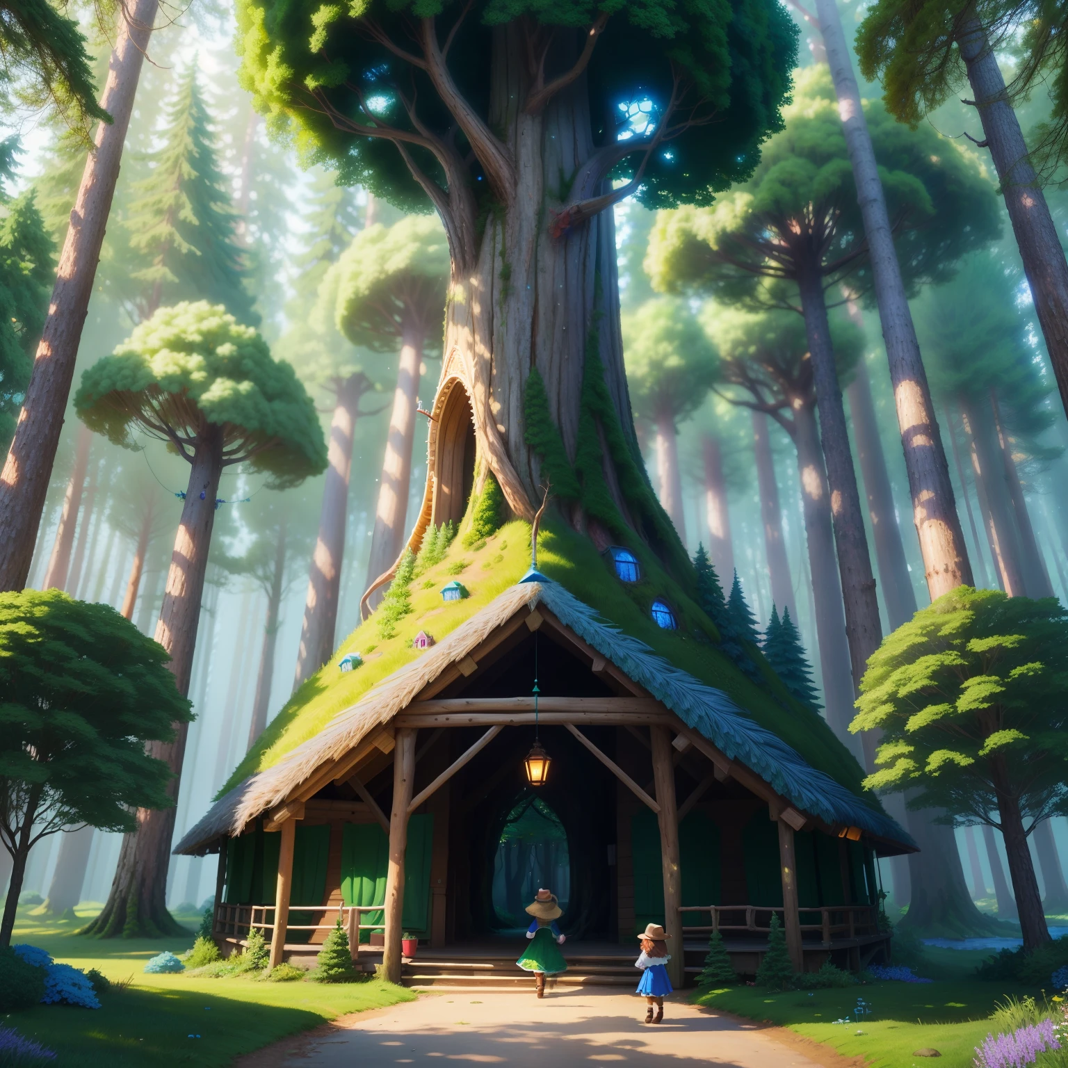 In the heart of an enchanted forest, a troop of eager children, dressed in adventurous outfits, prepare to embark on a magical journey. Their excitement is palpable as they take their first steps into the mystical realm, filled with wonders beyond their wildest imaginations. The forest is alive with vibrant hues, from the emerald green leaves of the towering trees to the brilliant blue of the shimmering river that winds through the landscape. Detailed foliage adorns every tree, revealing intricately shaped leaves, while the forest floor is covered in a soft, mossy carpet that invites exploration.

Each  is unique, adding to the collective sense