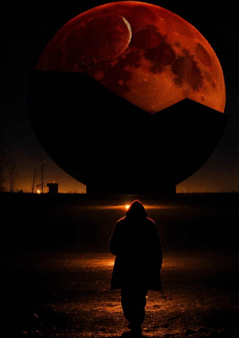 A ghost roams the night. A big red moon in the background. In the distance, the silhouette of an alien.