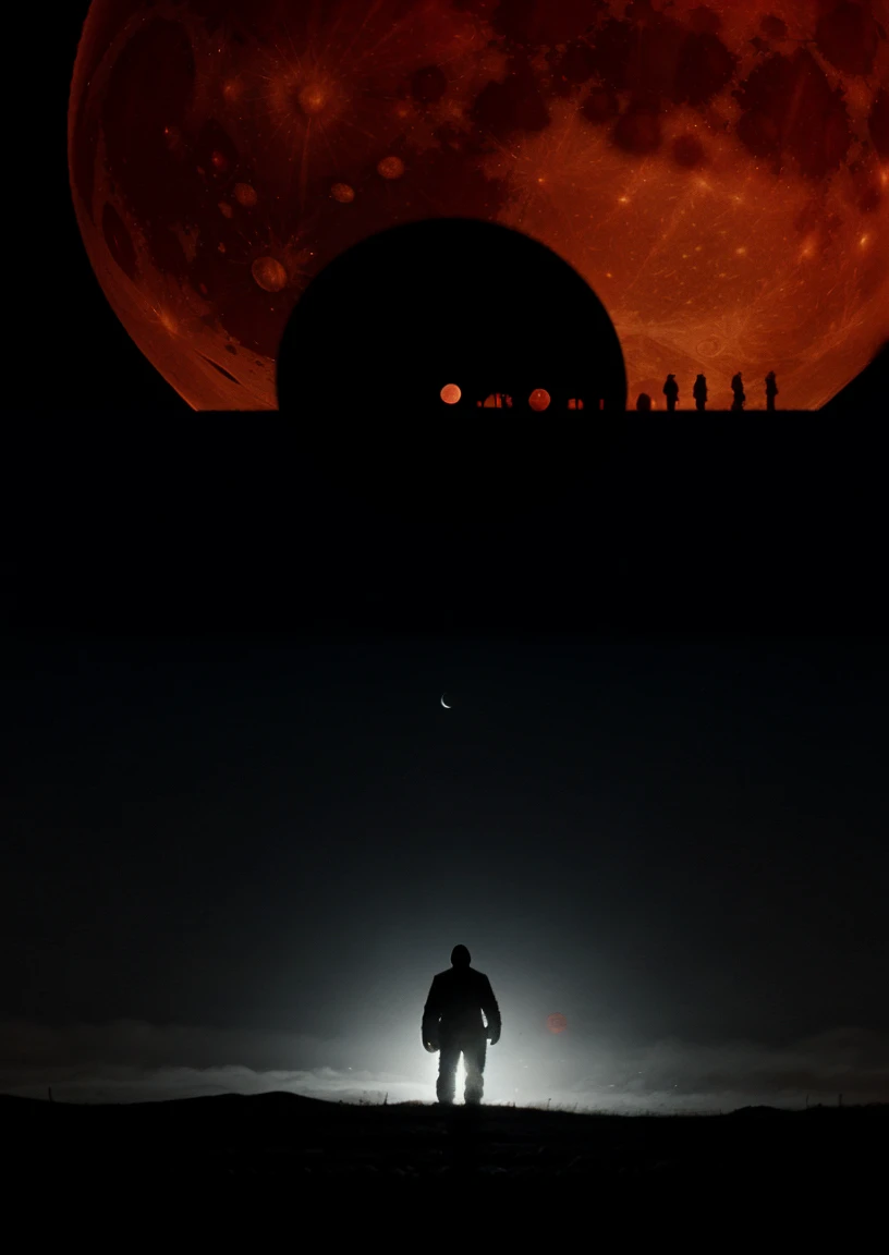 A ghost roams the night. A big red moon in the background. In the distance, the silhouette of an alien.