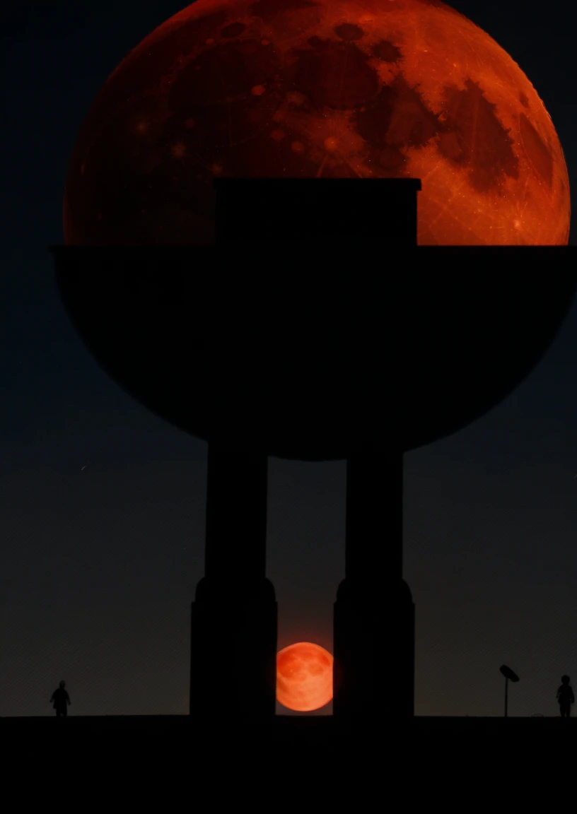 A ghost roams the night. A big red moon in the background. In the distance, the silhouette of an alien.