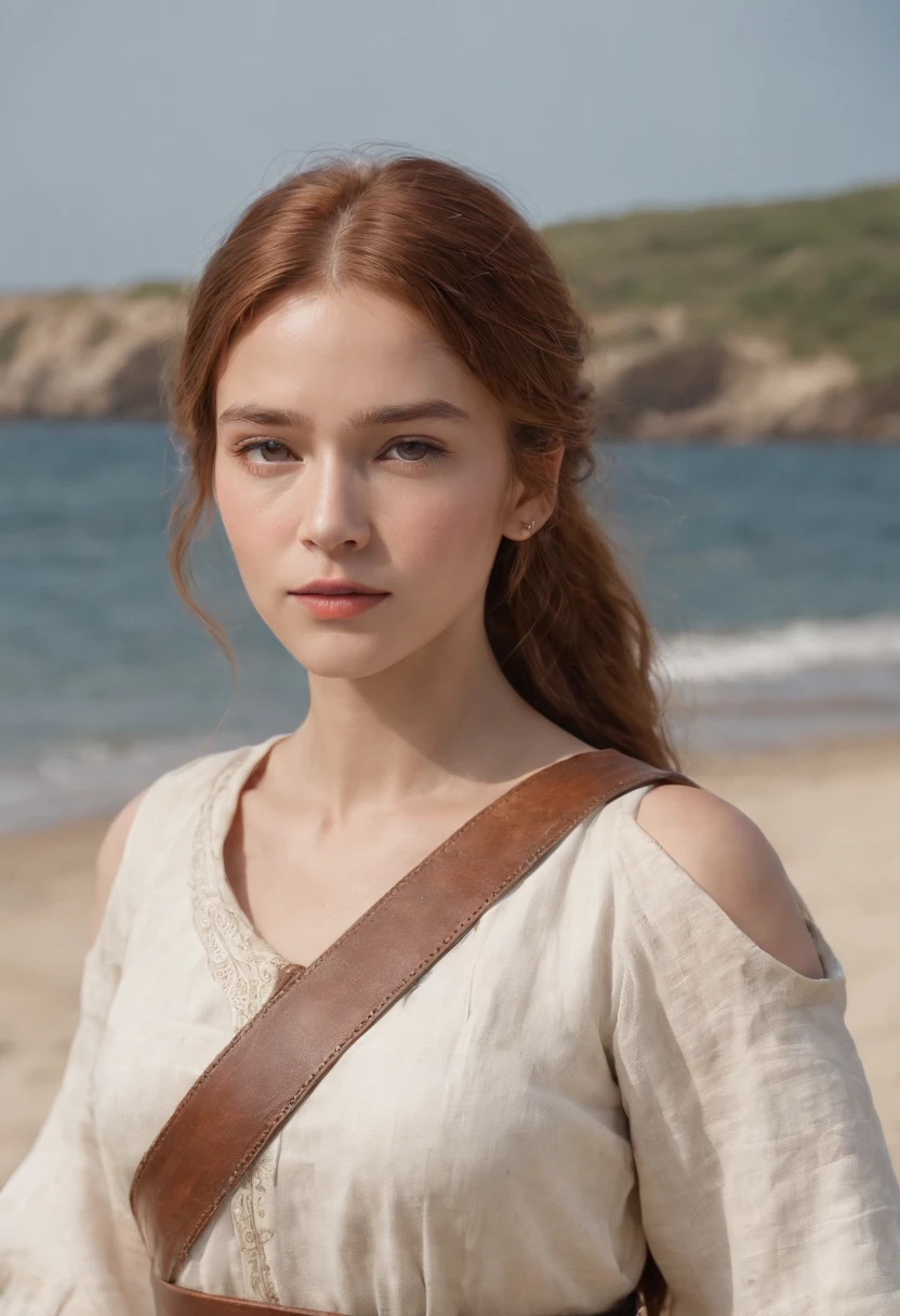 Full body photo of the girl、Beautiful Norwegian 13 year old girl、girl with hazel eyes、Redhead ponytail、dusty face、Medieval dress、White linen clothes、Leather armor、not plate armor、Leather gloves、linen sarouel pants、Leather sandals、she holds a bronze sword in her right hand、she holds a wooden shield in her left hand、Girl standing against the background of a sandy beach、Wind、sharp focus、realな顔の肌、heavy atmosphere、erotic face、hyper quality、High definition、real、photorealism、16k、4k、cinematic、