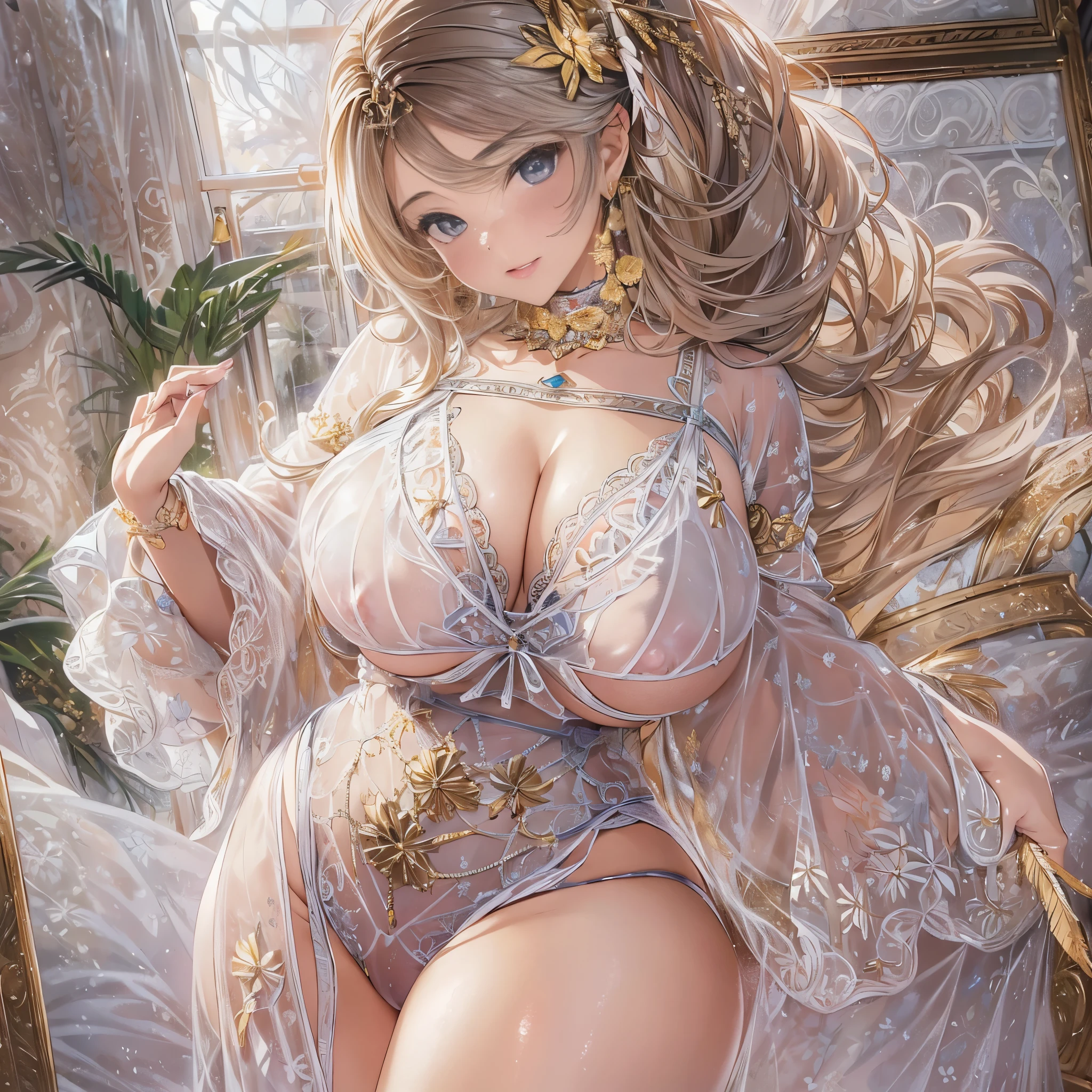 mature woman、sensual curves、huge breasts、thighs、bubble、お尻のmasterpiece, 最high quality, Super detailed, full body shot, mature woman, beautiful mature woman, nightgown and underwear, enchanting smile, thick lips, Chubby lips, blush, looking at the viewer, provocative expression, beautiful髪型, cleavage, Plump、curvy hips、attractive face、sexy lingerie　、an inviting gaze、Expression of emotions、Lewd underwear、(((erotic see-through lingerie set)))、Standing position、gorgeous accessories 、big breastsの女性, bare shoulders, golden hair, colored feather, metal ornaments, colored flowers, particle, light, (masterpiece, 最high quality, 最high quality, official art, beautiful and aesthetic:1.2), (1 girl:1.3), very detailed,(fractal art:1.1),(colorful:1.1)<(flowers:1.3),most detailed,(zentangle:1.2), (dynamic pose), (abstract background:1.3), (shiny skin), (lots of colors :1.4), ,(earrings:1.4), (feather:1.4),masterpiece, 最high quality, Super detailed, 30~40 years, full body shot, beautiful 、various hairstyles，gold headband，plump breasts，beautiful butt，greek clothing，Tulle covers the breasts，perfectly proportioned, detailed clothing details,marble，god statue，cinematic lighting, film grain, Fuji color, 8K, masterpiece, Super detailed, high detail, high quality, High resolution, 、(((erotic see-through lingerie set)))、gorgeous accessories、raise your butt, from below, (((NSFW:1.2)))、exposed chest、Openwork decoration，(((see through dress)))、(((anatomically correct body))) , 最high quality, Super detailed, (((Lewd underwear)))、raise your butt, from below, (NSFW: 1.4)、exposed chest、(((Healing face)))、Openwork decoration，(((R-18)))、Hakari、Whirlpool、thighs, big breasts, Are standing, cowboy shot, blush, 1 girl, (masterpiece:1.3), (High resolution), (8K), (very detailed), perfect face, Nice eyes and face, (((最high quality))), (Super detailed), detailed face and eyes, (alone), High resolution、beautiful目,(((sexy pose)))、(((big breasts)))、((beautiful eyes))、luxury、(((超High resolution)))、(((detailed description)))、(((chubby body shape)))、(((Body parts that match the anatomy)))、beautiful長いまつ毛、Balanced body shape、２Book Arm、2 legs、Legs and arms of just the right size、Fishnet tights、glamorous、Clear white and black eyes