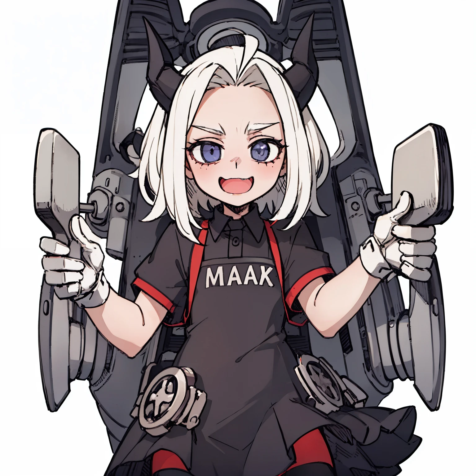 ((a cute ,front,whole body)),maid outfit,white hair,Show forehead,black devil horns,White background,childhood,grace