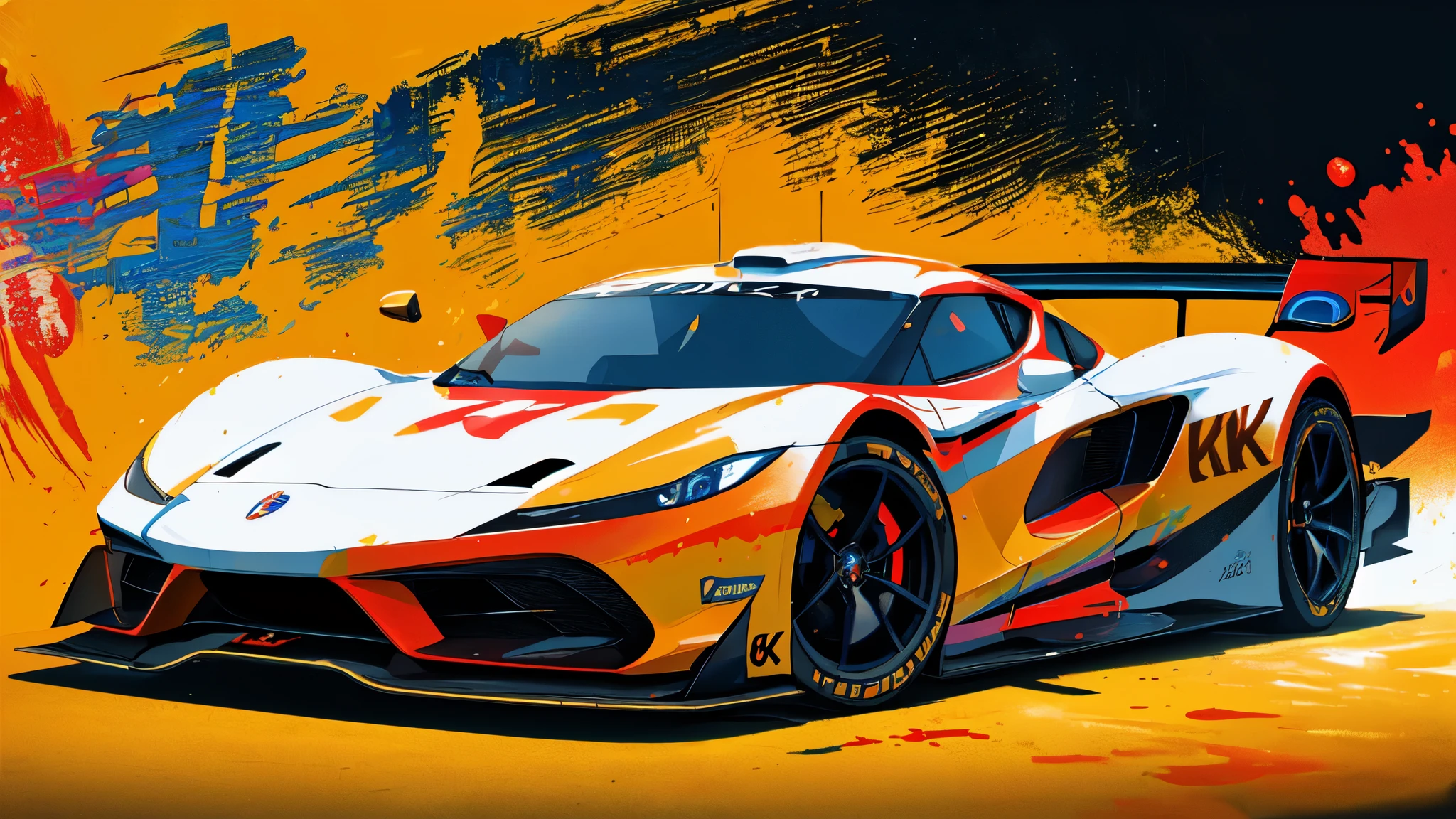 (8K, highest quality, masterpiece: 1.2), High-definition RAW color photo, Professional photography, smile, Happy, Charm, speeding sports car, Rich color background, Charm background, colorful background, (splashed color, Splash paint)