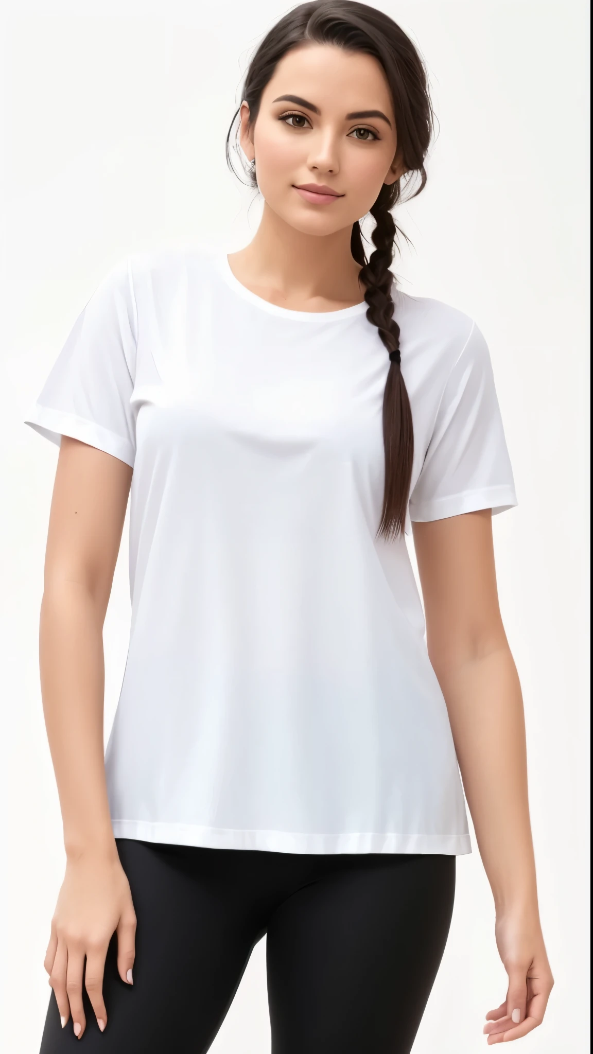a woman in a camisa branca and black leggings posing for a picture, plain camiseta branca, camiseta branca, camiseta branca, T-shirt branca, vestido com uma camiseta branca, vestindo uma camiseta, camisa branca, dressed in a camiseta branca, wearing a camisa branca, wearing camisa branca, fine camisa branca, roupas brancas, Topo branco