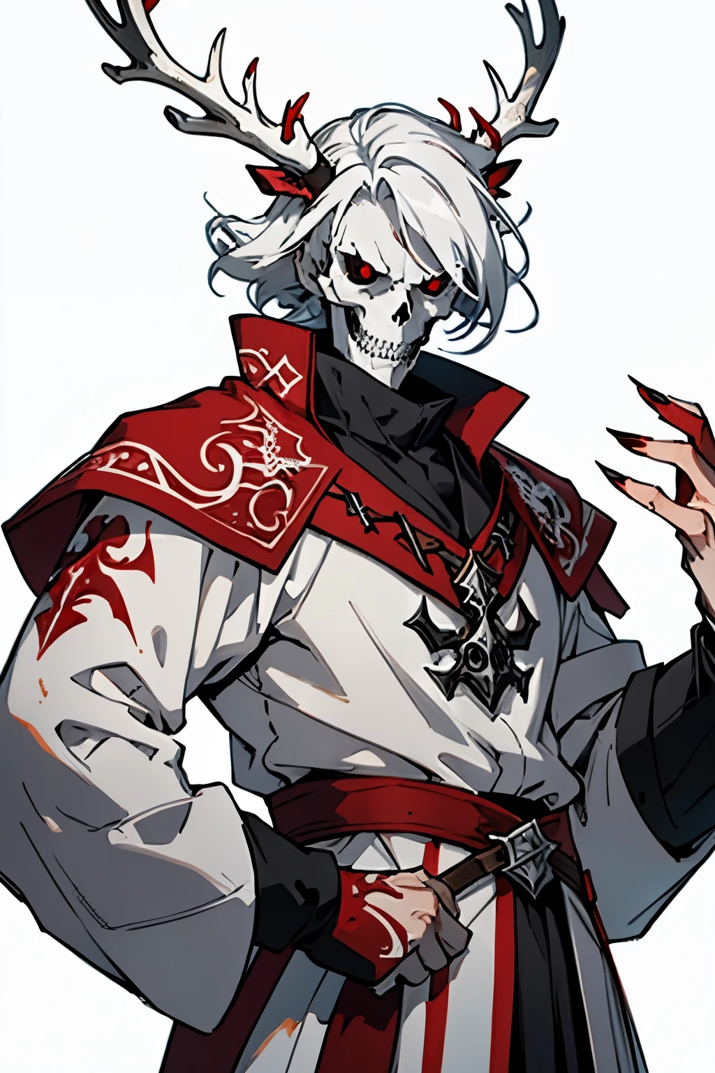 ((illustration)), (best quality)), ((masterpiece)), (detailed), ((white background)), RedGarb, solo, 1boy, male focus, long sleeves, skull, ((white hair)), shad0wmancer, ink, (swirling black ink), (antlers), red eyes, sharp teeth,