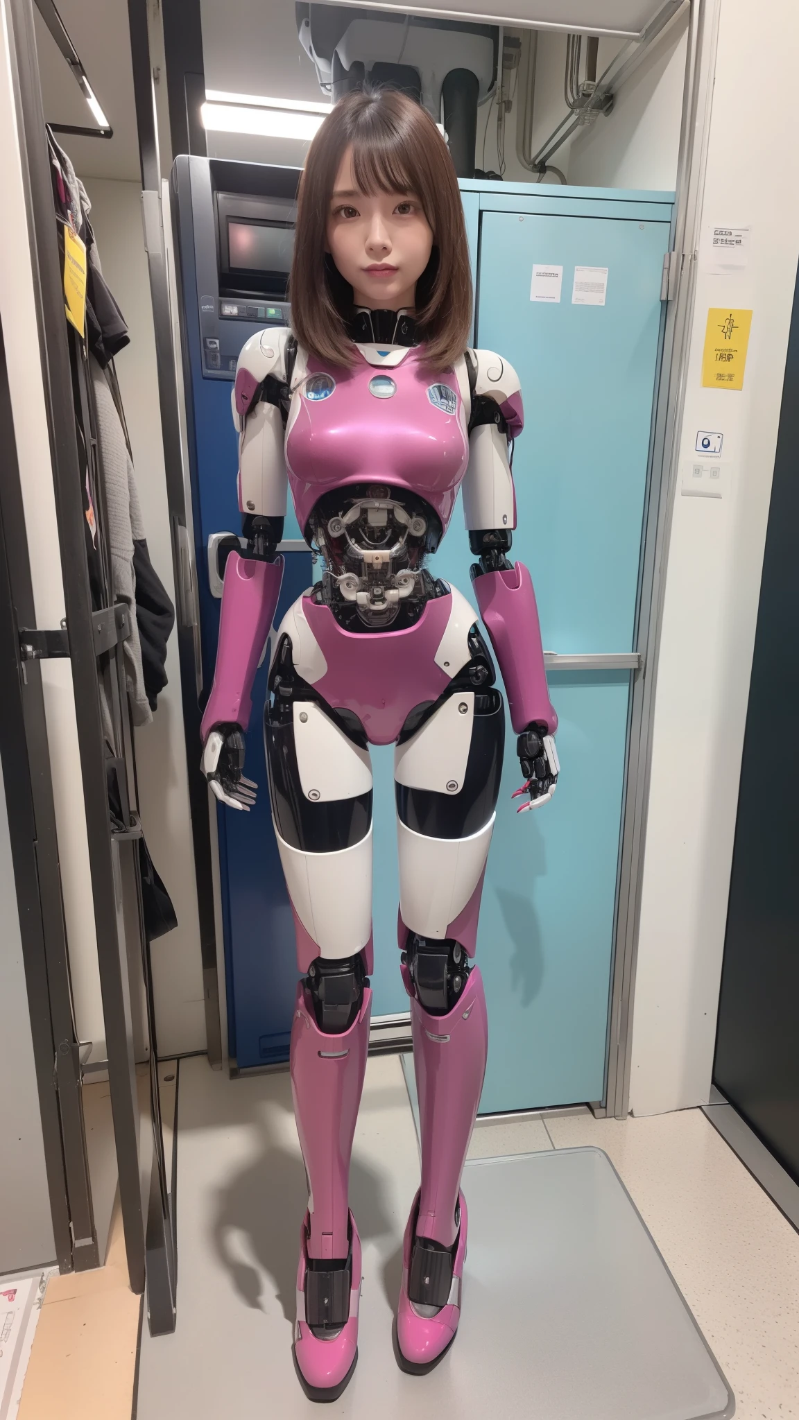 (Photorealsitic:1.4)、one robot woman、(top-quality)、(hyperdetailed face)、(Super well-formed face)、(Robot Parts)、(Female-Robot)、(25 years-old)、(Blue)、(pink there)、(Burgundy)、(metallic)、(full-body)、(sexy pose)、(Slender body)、(Model body type)、(full body mech)、(mechanical exposure)、(Akihabara)、(is looking at the camera)、(A dark-haired)、(Well-proportioned lady)、(a small face)、(a small head)、(well-groomed fingers)、(Idol)、(front facing)、(Standing with legs open)、(Photo session)、(Looks sad)、(perfect-female-robot)、(perfect-mechanical-body)