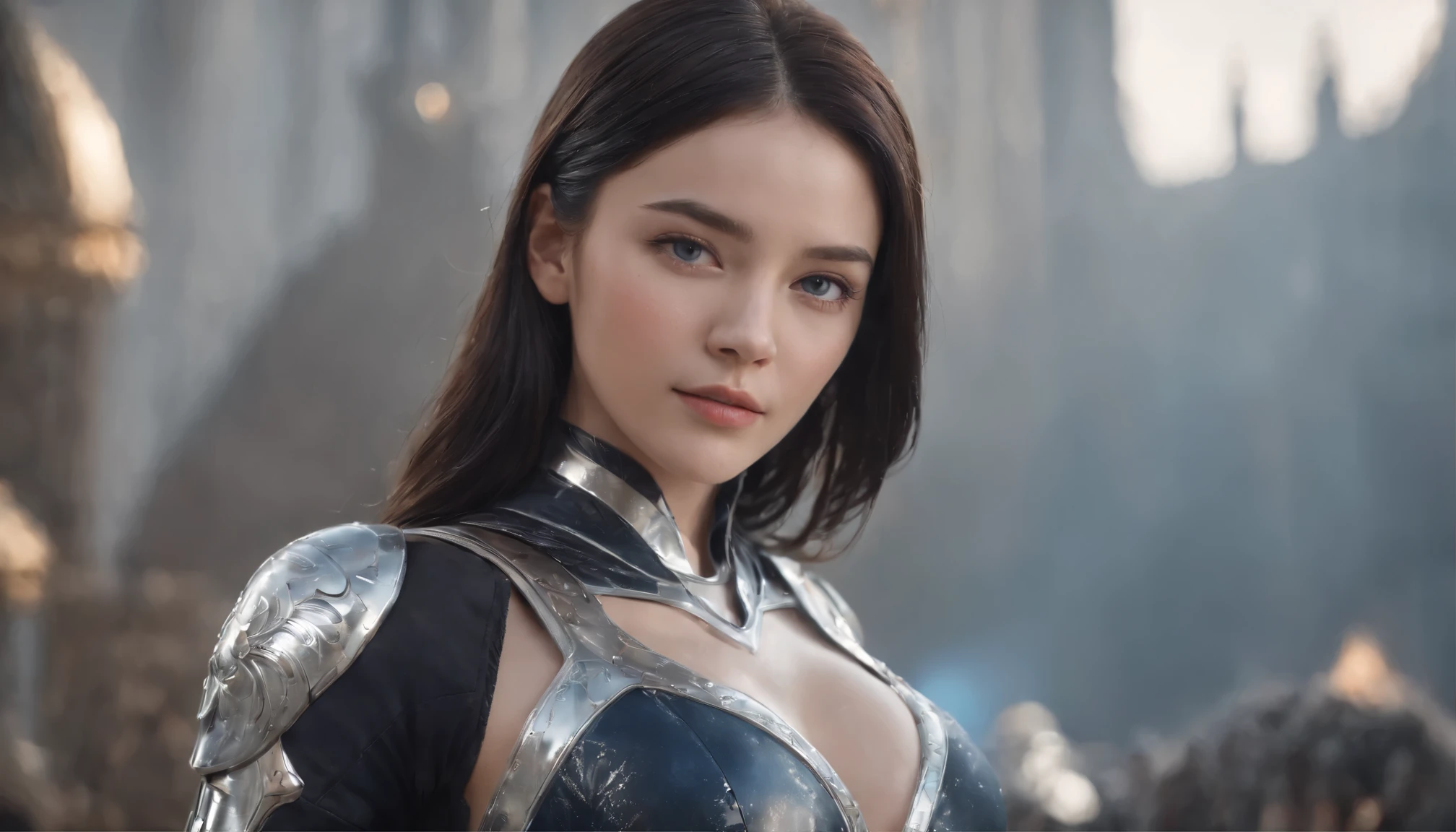 1girl, black hair, blue eyes, wearing full body armored suit, particles in background, absurdres, high res, ultrasharp, 8K, masterpiece, looking at viewer, cat girl ears same color as hair, mask, hands armored gloves, long cape, tmasterpiece, ultra fine photos, best qualtiy, realisticlying, rays of sunshine, full-body portraits, cleavage breasts, delicated face,Vibrant eyes,very highly detailed background, detailed background, opulent, high detail skin, Realistic details of skin,Visible pores,Clear focus,volume fog,8K UHD,digital SLR camera,high high quality,filmgrain,White skin of the,photorealistic