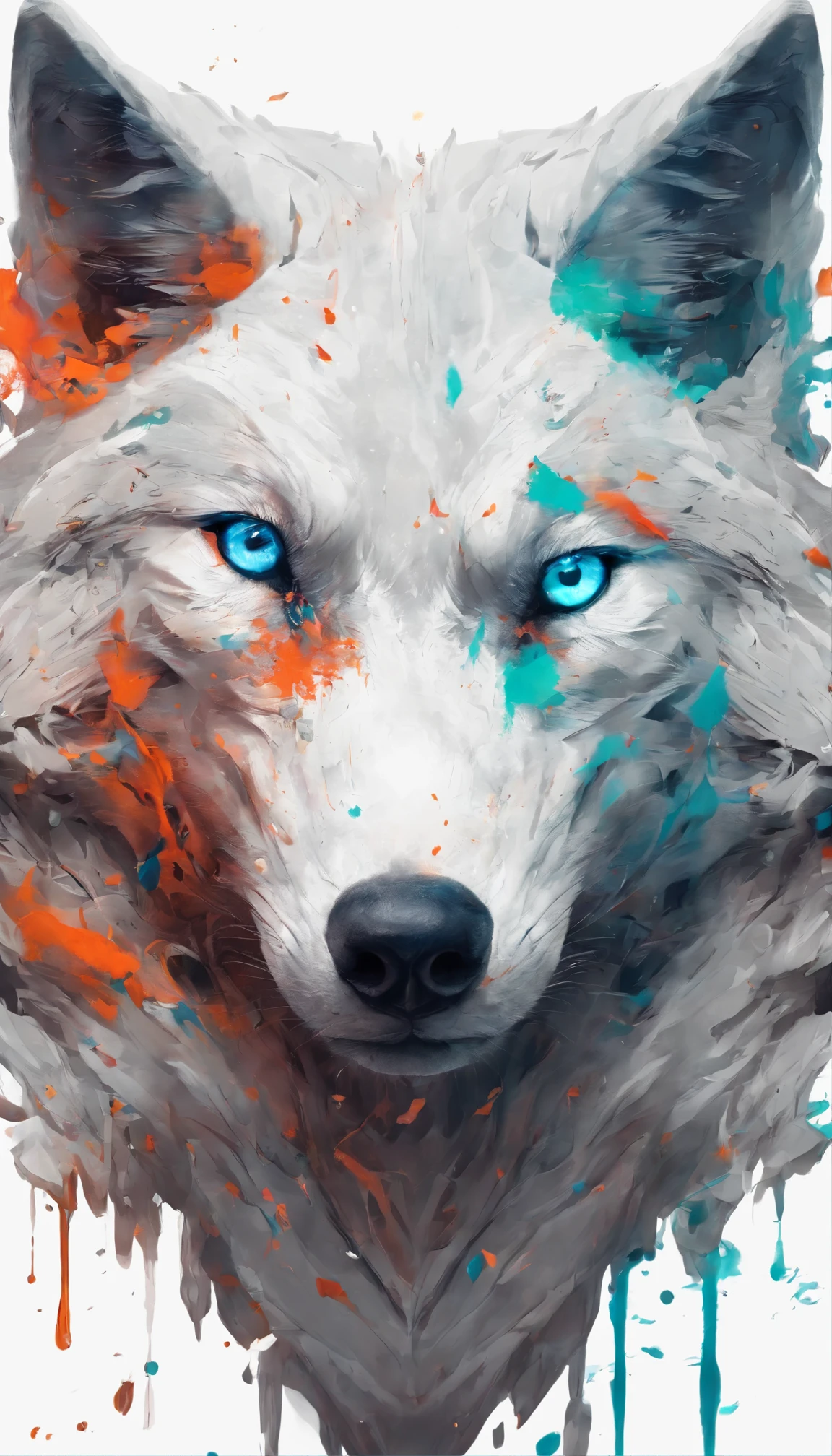 A surge of art, Wolf's Head, ((White background)), piercing eyes, Epic Instagram, art station, A splash of colorful paint, contour, hyper-detailed, intricately detailed , unreal engine, fantastic, complex part, screensaver, complementary colours, fantasy concept art, Resolution 8K, masterpiece on deviantart, oil painting, heavy strokes, paint dripping, A surge of art