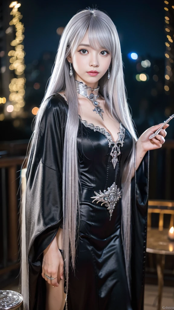 night,outside In town,(Black costume),wizard costume,(wizard's wand),wizard's pointed hat,full body,standing,earrings,(silver hair color),highest quality,4K,8K,High resolution,table top:1.2,super detailed,highly detailed eyes and face,beautiful and fine eyes,beautiful detailed lips,long eyelashes,realistic:1.37,Japanese,fine white skin,beautiful and magnificent composition,Marshmallow-like skin,table top,Charm,fantasy,mysterious,cute,((silver hair color)),silky smooth and straight hair,sharp focus,thinking,With a round face,