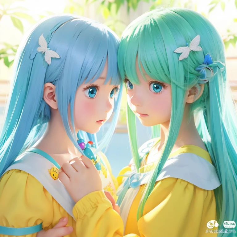 anime illustration、masterpiece、Kindergarteners、cute、light blue hair、green eyes、yellow、Gentle atmosphere、Warm atmosphere、justice