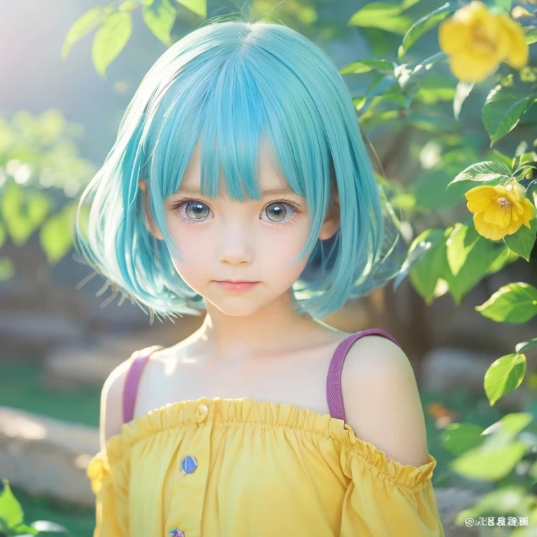 anime illustration、masterpiece、Kindergarteners、cute、light blue hair、green eyes、yellow、Gentle atmosphere、Warm atmosphere、justice