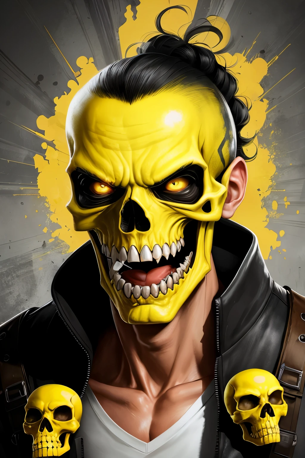 yellow skull by Tiago Hoisel, caricature-like and playful, with exaggerated features and expressive expressions, Textura 8K, high-quality, detailed, realistic, soft lighting, vibrant colors bringing the skull's yellow hue to life, cartoonish shading, captivating and whimsical, digital art creation, caricature style, dynamic contrast, expressive lines, humorous and lighthearted, evoking a sense of joy and surprise.