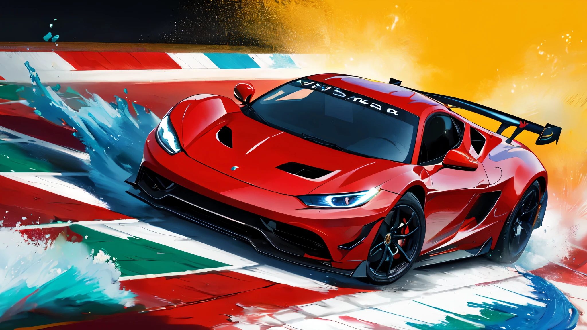 (8K, highest quality, masterpiece: 1.2), High-definition RAW color photo, Professional photography, smile, Happy, Charm, speeding sports car, Rich color background, Charm background, colorful background, (splashed color, Splash paint)