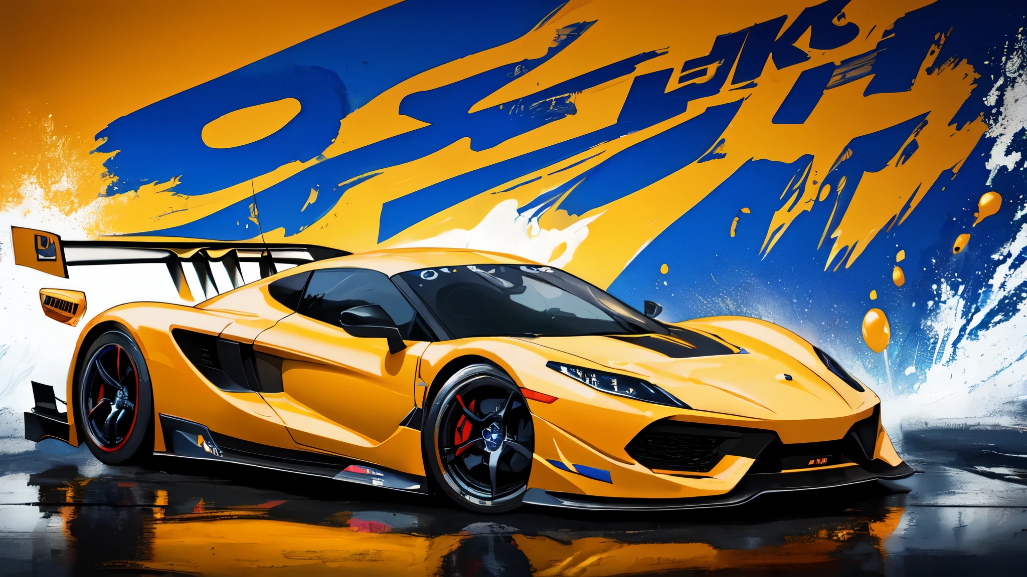 (8K, highest quality, masterpiece: 1.2), High-definition RAW color photo, Professional photography, smile, Happy, Charm, speeding sports car, Rich color background, Charm background, colorful background, (splashed color, Splash paint)