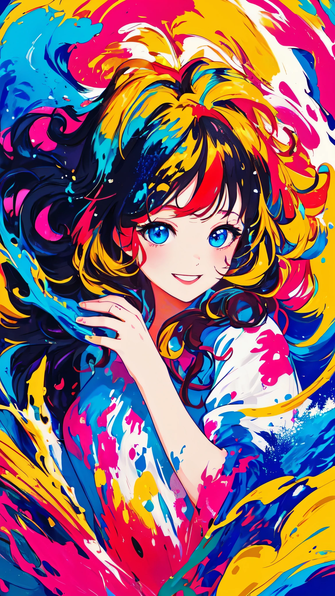 (8K, highest quality, masterpiece: 1.2), High-definition RAW color photo, Professional photography, smile, Happy, Charm, wavy hair girl, Rich color background, Charm background, colorful background, splashed color, Splash paint