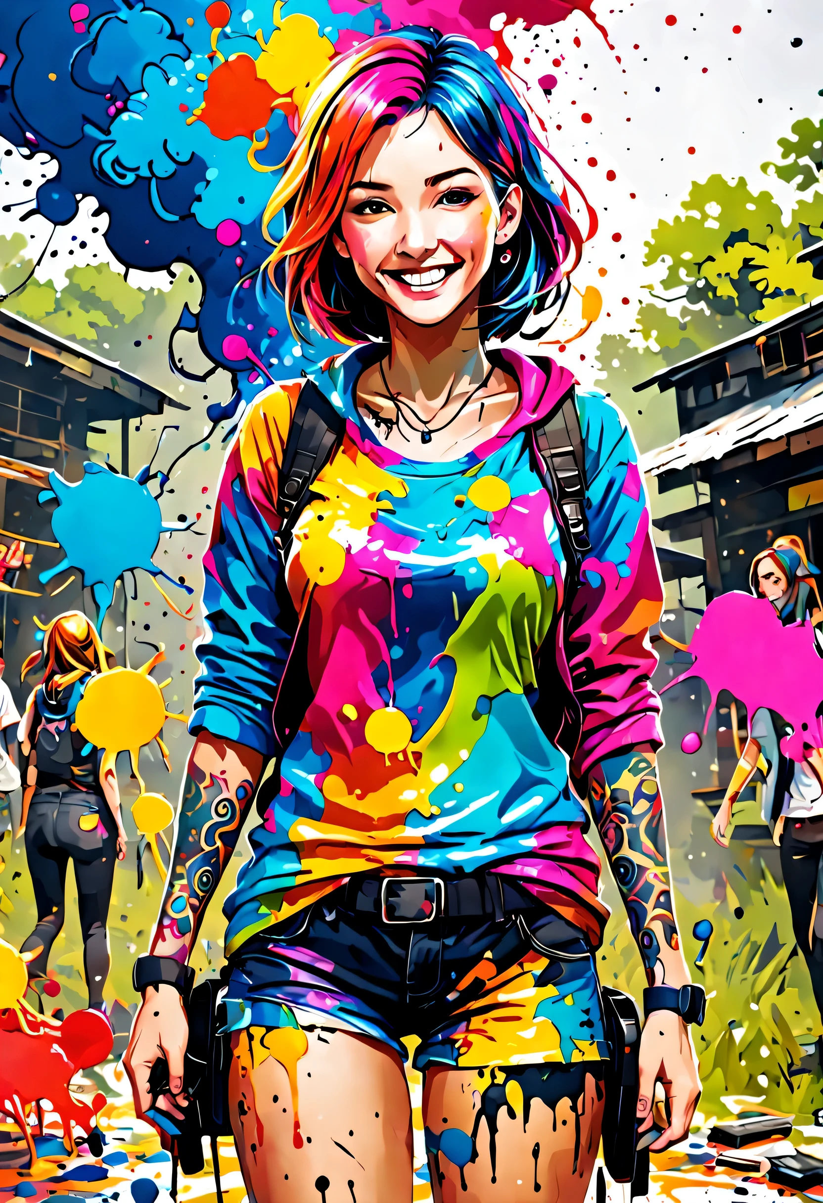 Ink splatter, (Girls with ink all over their bodies), casual clothes, (colorful ink), smile, In the survival game field