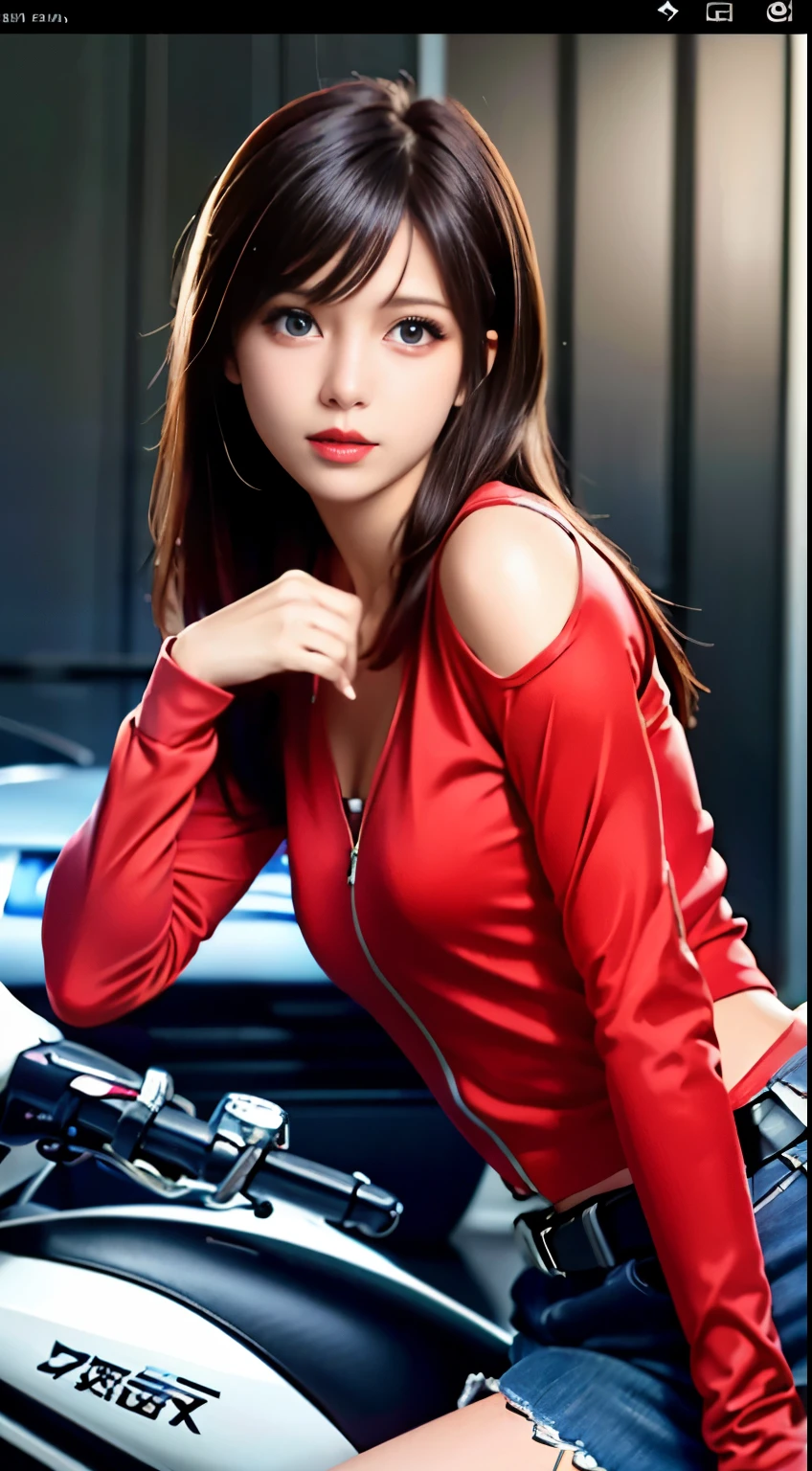 Japan  riding motorcycle,Happy!!!, , motorcycle,[ realistic pictures ]!!, High resolution,No sleeve、白いパンティが見えているarafed woman in red shirt sitting on a black motorcycle, person riding a bike, motorcycle, realistic artstyle, ultra detail. digital painting, sitting on cyberpunk motorbike, digital illustration style, airbrush render, realistic!!!!!!! art style, motorcycles, style digital painting, airbrush digital oil painting, in style of digital painting, close up shot, realistic picture