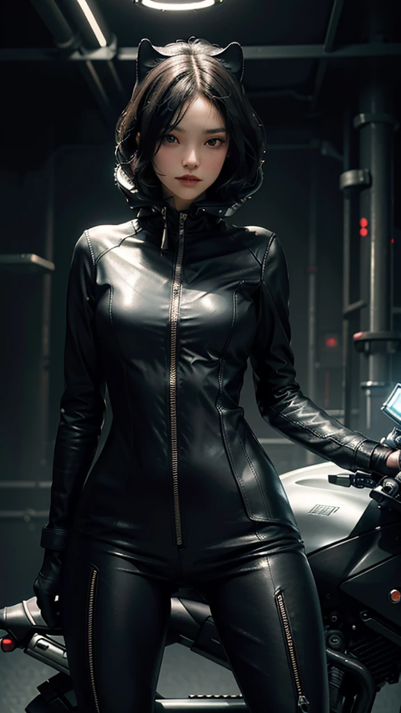 Highest image quality,Excellent details,ultra high resolution,(fidelity:1.4),best illustrations,Attention to detail,Highly cohesive 1Girl,He has a delicate and beautiful face,Wearing a black mech,Catwoman leather coat,Wearing Catwoman hood,holding a direction controller,Ride a black motorcycle,The background is a high-tech light scene of a futuristic city。